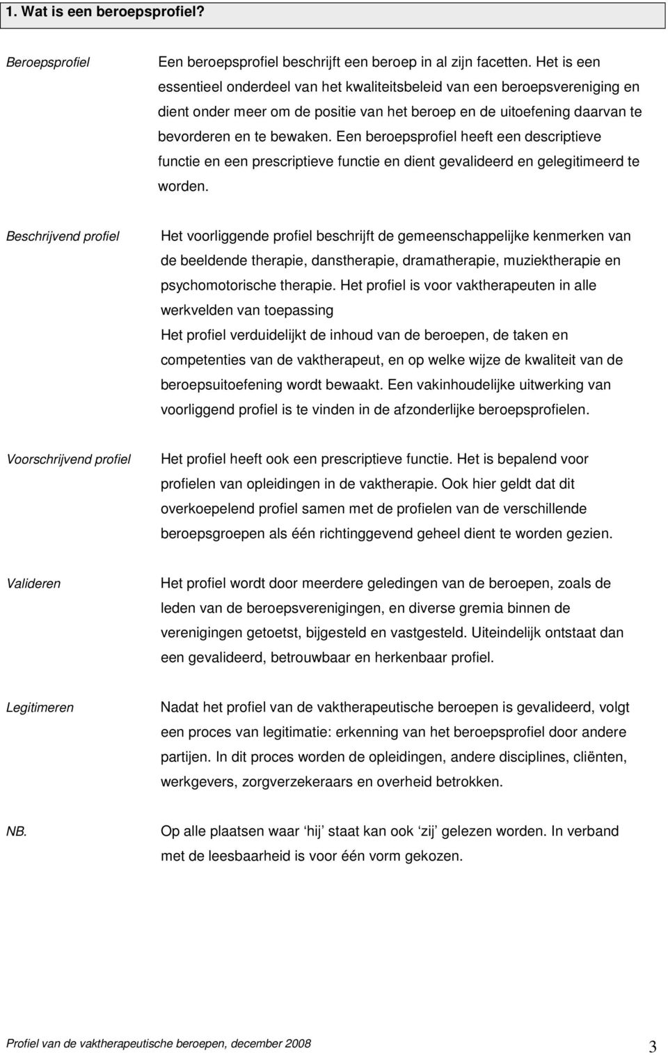 Een beroepsprofiel heeft een descriptieve functie en een prescriptieve functie en dient gevalideerd en gelegitimeerd te worden.