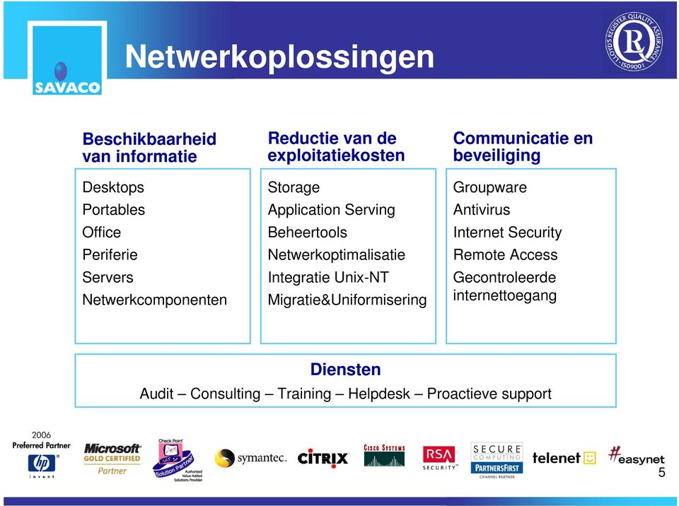 Netwerkoptimalisatie Integratie Unix-NT Migratie&Uniformisering Communicatie en beveiliging Groupware