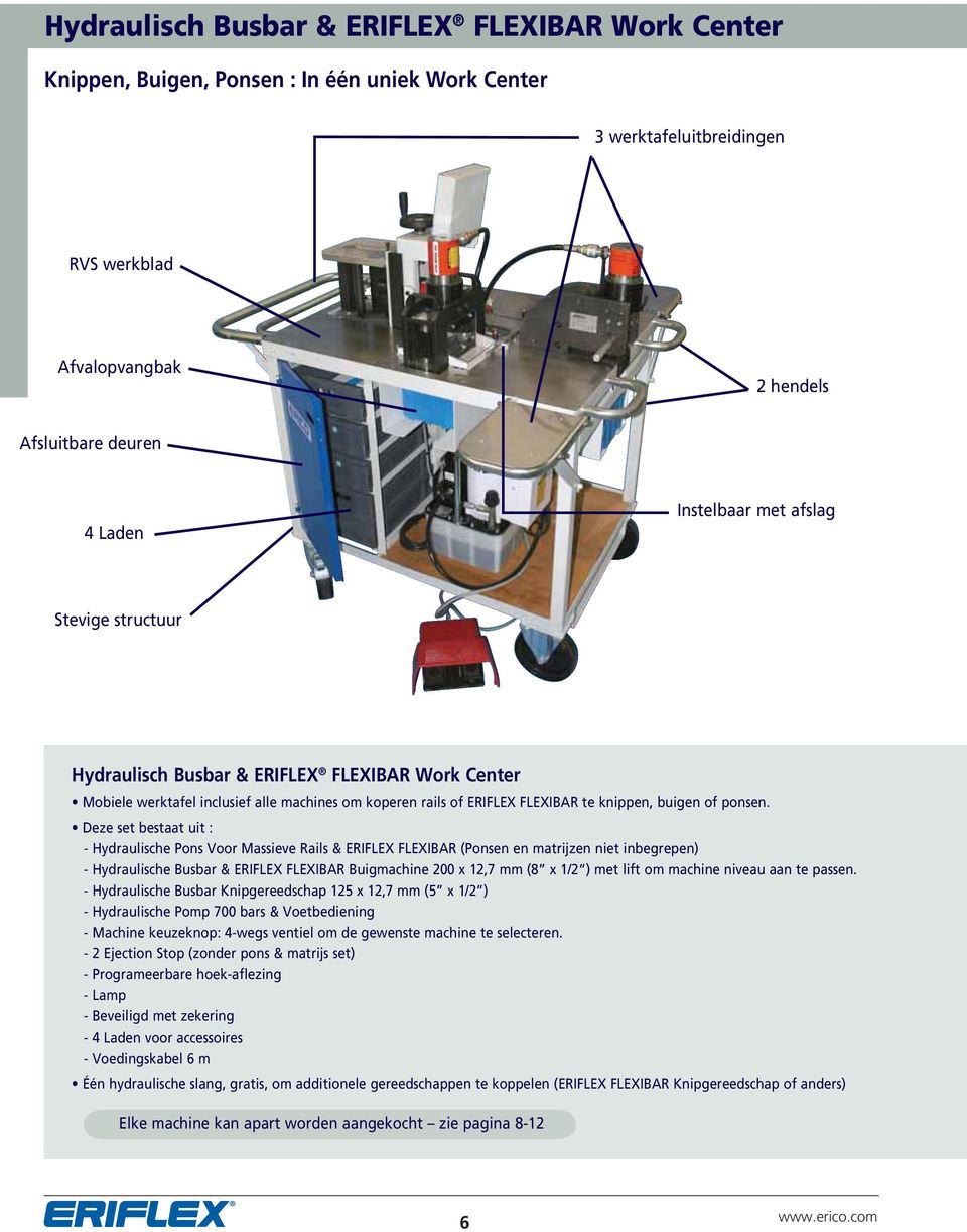 Deze set bestaat uit : - Hydraulische Pons Voor Massieve Rails & ERIFLEX FLEXIBAR (Ponsen en matrijzen niet inbegrepen) - Hydraulische Busbar & ERIFLEX FLEXIBAR Buigmachine 200 x 12,7 mm (8 x 1/2 )