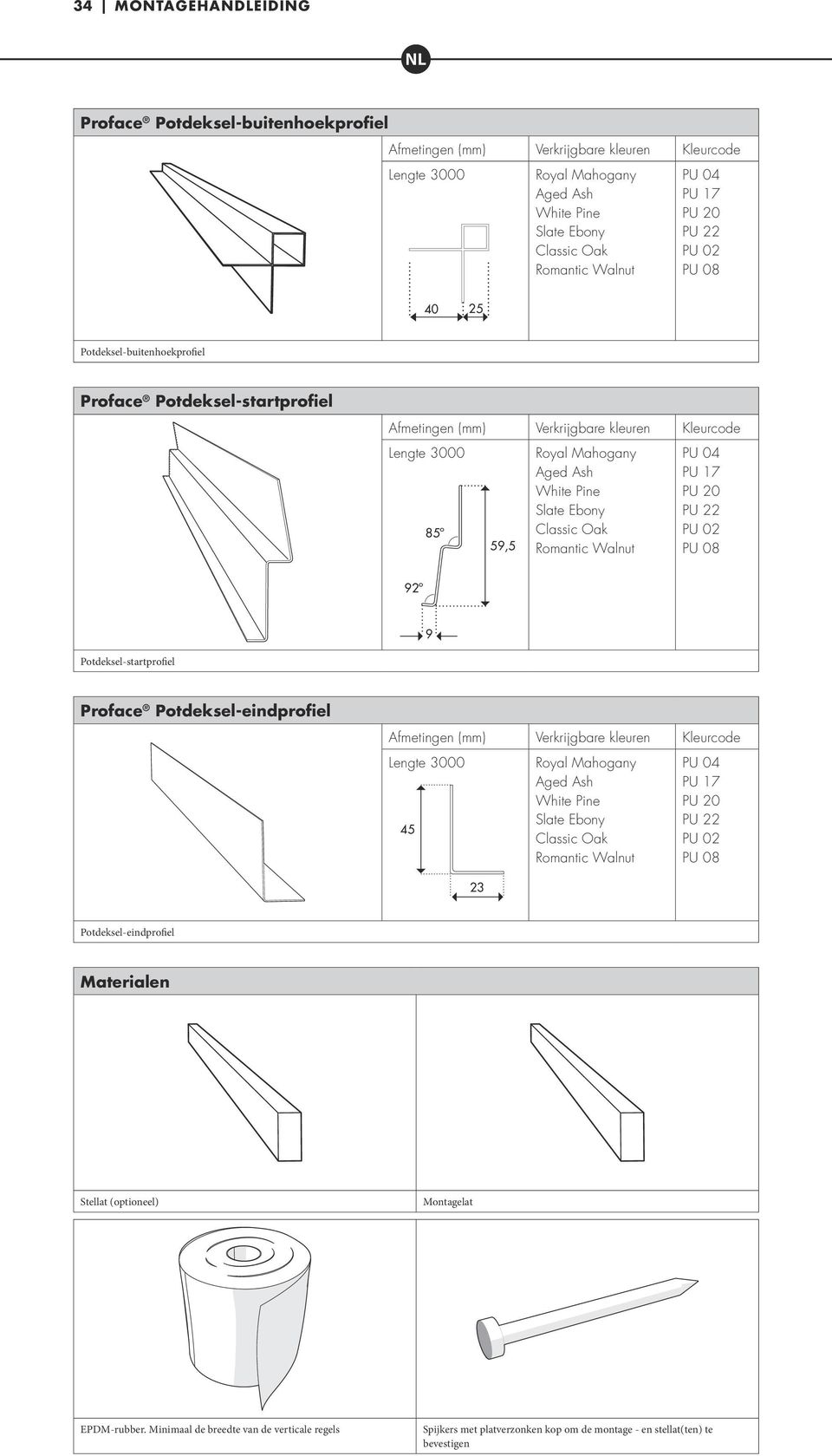 Slate Ebony Classic Oak Romantic Walnut PU 04 PU 17 PU 20 PU 22 PU 02 PU 08 92º 9 Potdeksel-startprofiel Proface Potdeksel-eindprofiel Afmetingen (mm) Verkrijgbare kleuren Kleurcode Lengte 3000 45