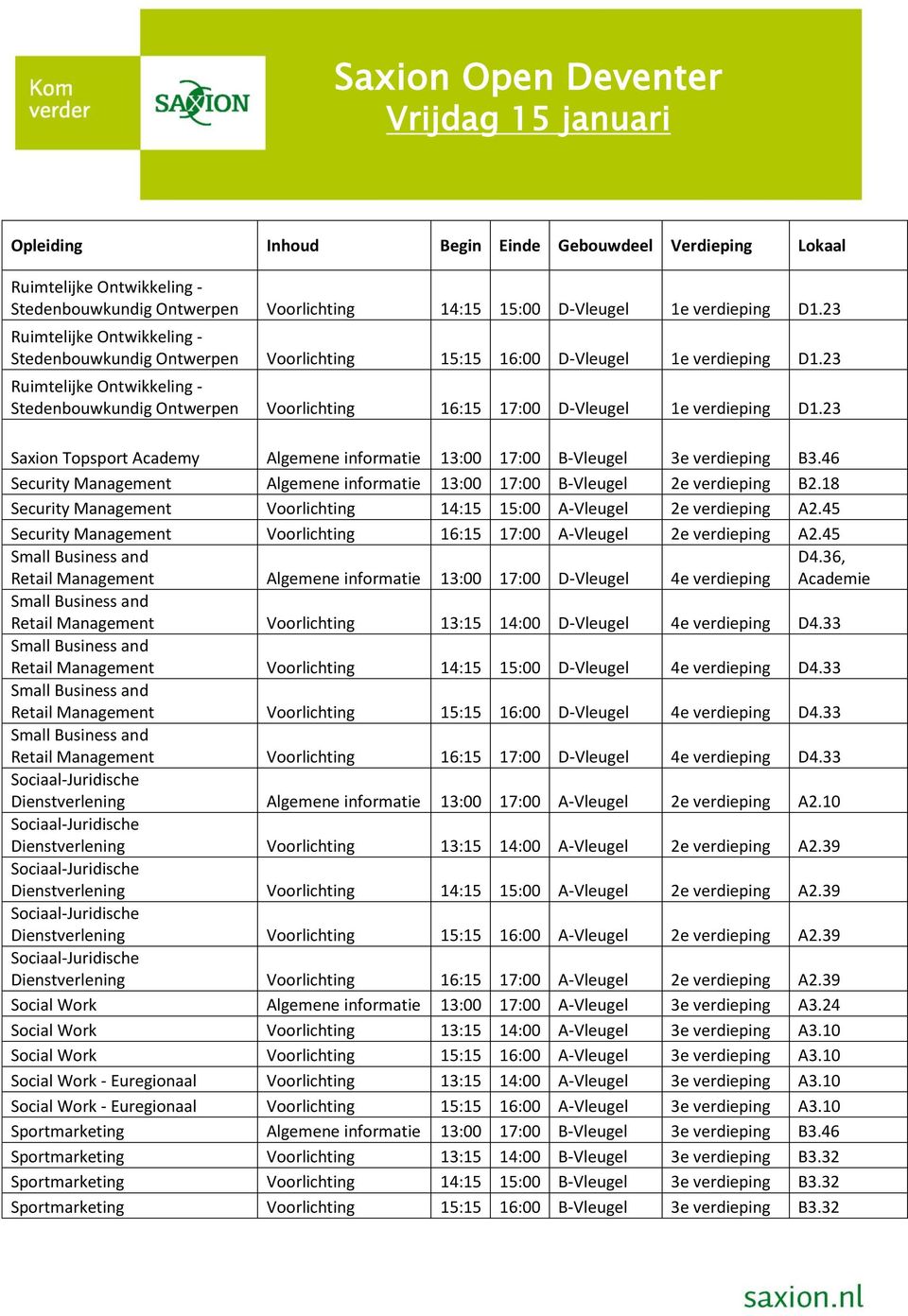 23 Ruimtelijke Ontwikkeling - Stedenbouwkundig Ontwerpen Voorlichting 16:15 17:00 D-Vleugel 1e verdieping D1.23 Saxion Topsport Academy Algemene informatie 13:00 17:00 B-Vleugel 3e verdieping B3.