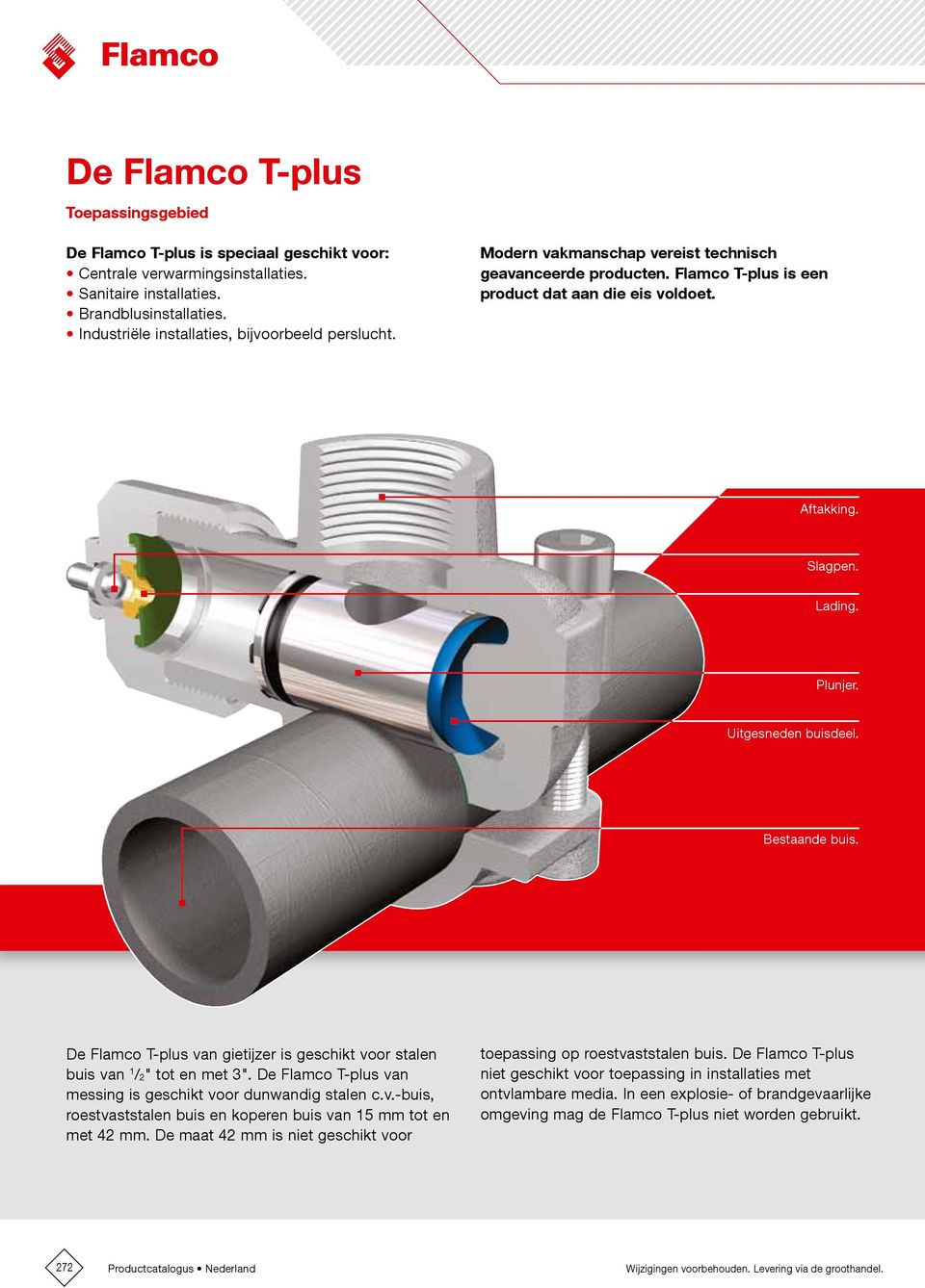 Plunjer. Uitgesneden buisdeel. Bestaande buis. De Flamco T-plus van gietijzer is geschikt voor stalen buis van 1 /2" tot en met 3". De Flamco T-plus van messing is geschikt voor dunwandig stalen c.v.-buis, roestvaststalen buis en koperen buis van 15 mm tot en met 42 mm.