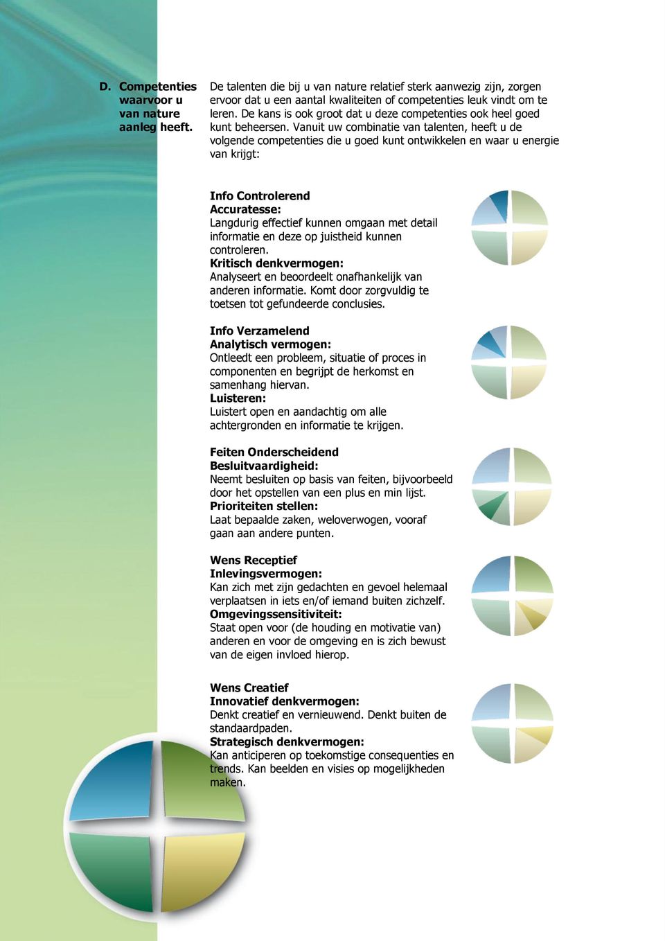 Vanuit uw combinatie van talenten, heeft u de volgende competenties die u goed kunt ontwikkelen en waar u energie van krijgt: Info Controlerend Accuratesse: Langdurig effectief kunnen omgaan met