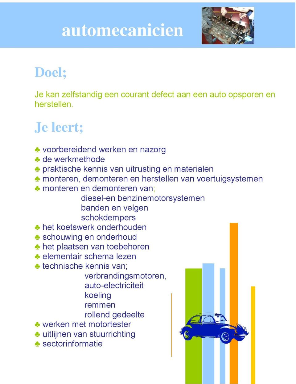 voertuigsystemen monteren en demonteren van; diesel-en benzinemotorsystemen banden en velgen schokdempers het koetswerk onderhouden schouwing en