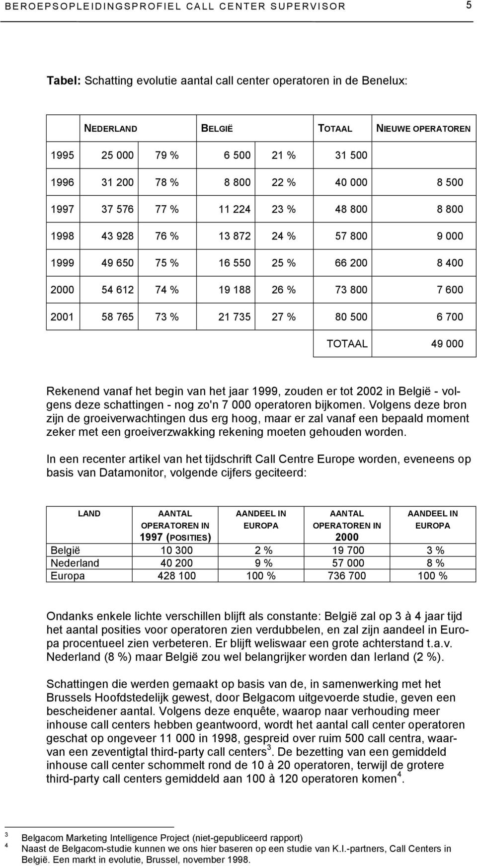 800 7 600 2001 58 765 73 % 21 735 27 % 80 500 6 700 TOTAAL 49 000 Rekenend vanaf het begin van het jaar 1999, zouden er tot 2002 in België - volgens deze schattingen - nog zo'n 7 000 operatoren