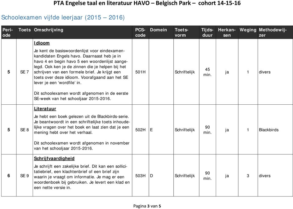 Voorafgaand aan het SE lever je een wordfile in. 501H 45 ja 1 divers Dit schoolexamen wordt afgenomen in de eerste SE-week van het schooljaar 2015-2016.