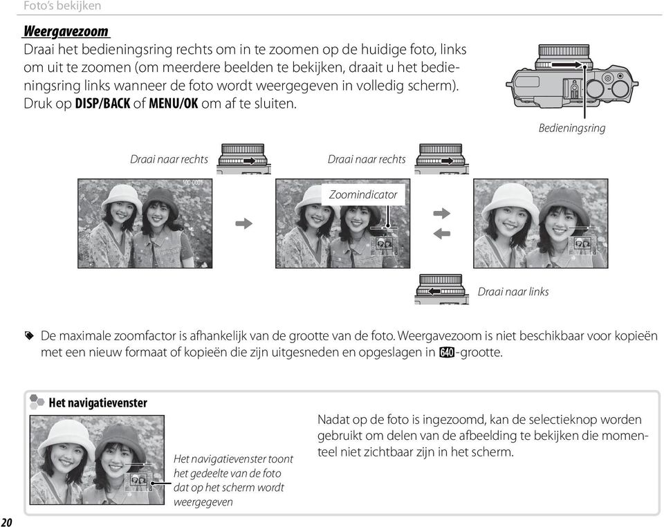 Bedieningsring Draai naar rechts Draai naar rechts 100-0001 Zoomindicator Draai naar links R De maximale zoomfactor is afhankelijk van de grootte van de foto.