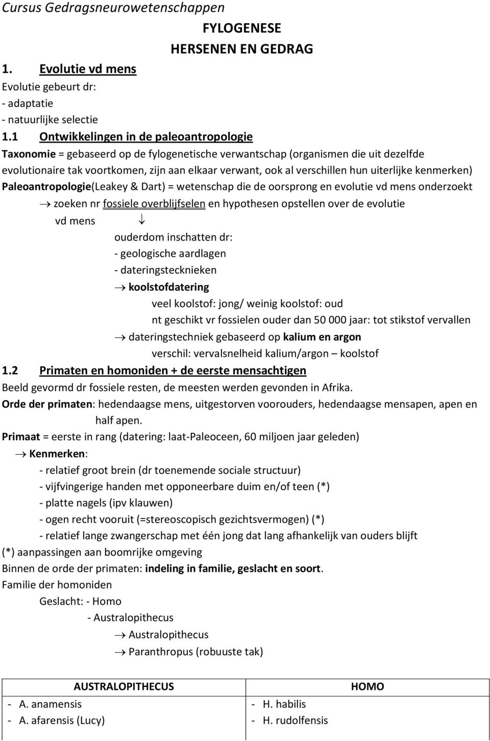 hun uiterlijke kenmerken) Paleoantropologie(Leakey & Dart) = wetenschap die de oorsprong en evolutie vd mens onderzoekt zoeken nr fossiele overblijfselen en hypothesen opstellen over de evolutie vd