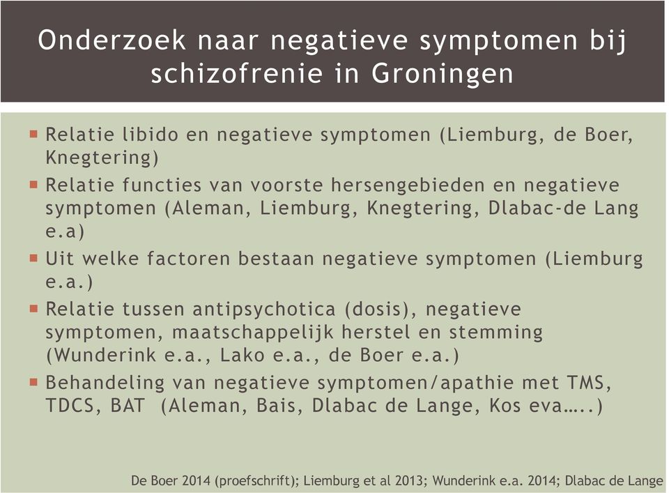 a., Lako e.a., de Boer e.a.) Behandeling van negatieve symptomen/apathie met TMS, TDCS, BAT (Aleman, Bais, Dlabac de Lange, Kos eva.