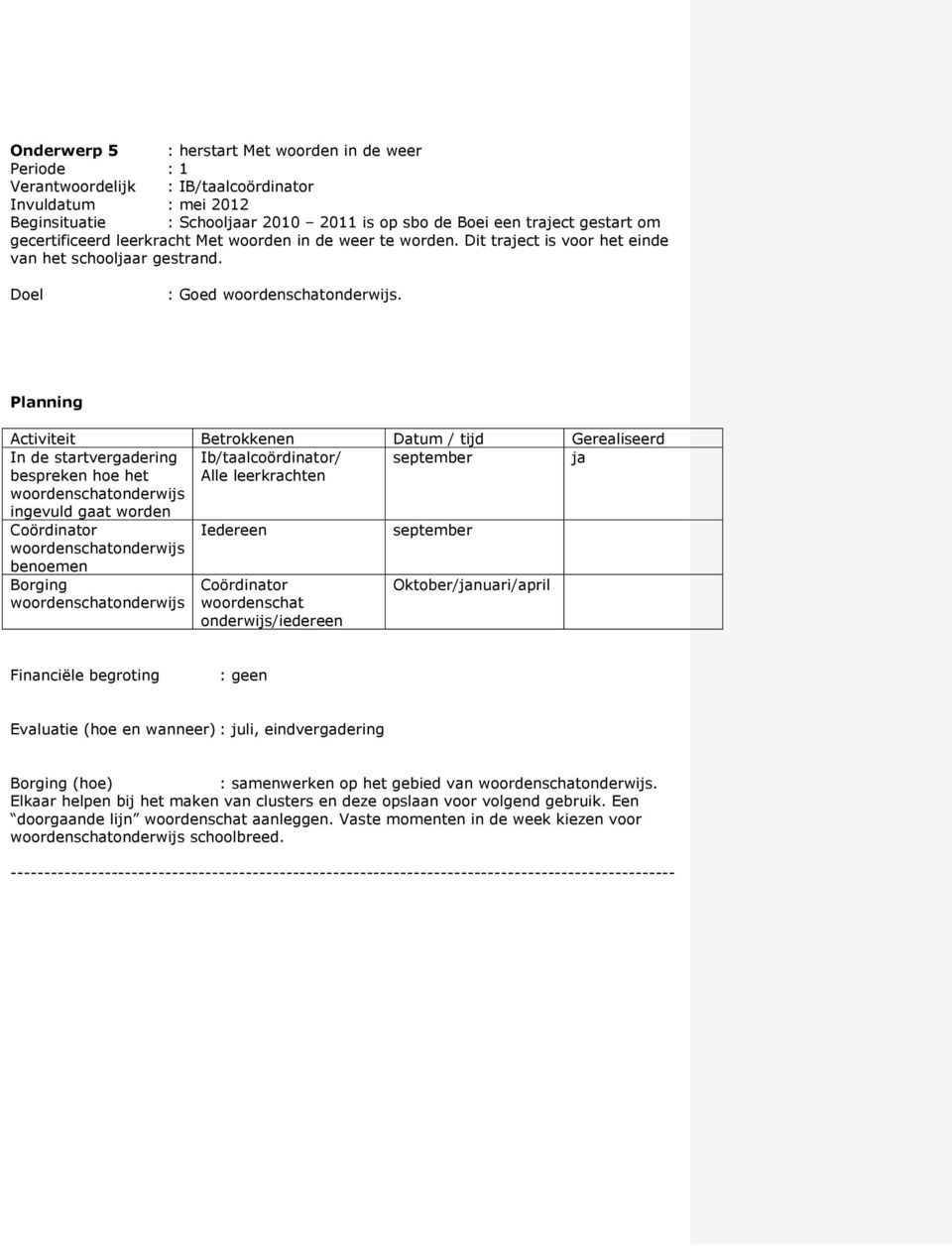 Planning Activiteit Betrokkenen Datum / tijd Gerealiseerd In de startvergadering Ib/taalcoördinator/ september ja bespreken hoe het woordenschatonderwijs ingevuld gaat worden Alle leerkrachten