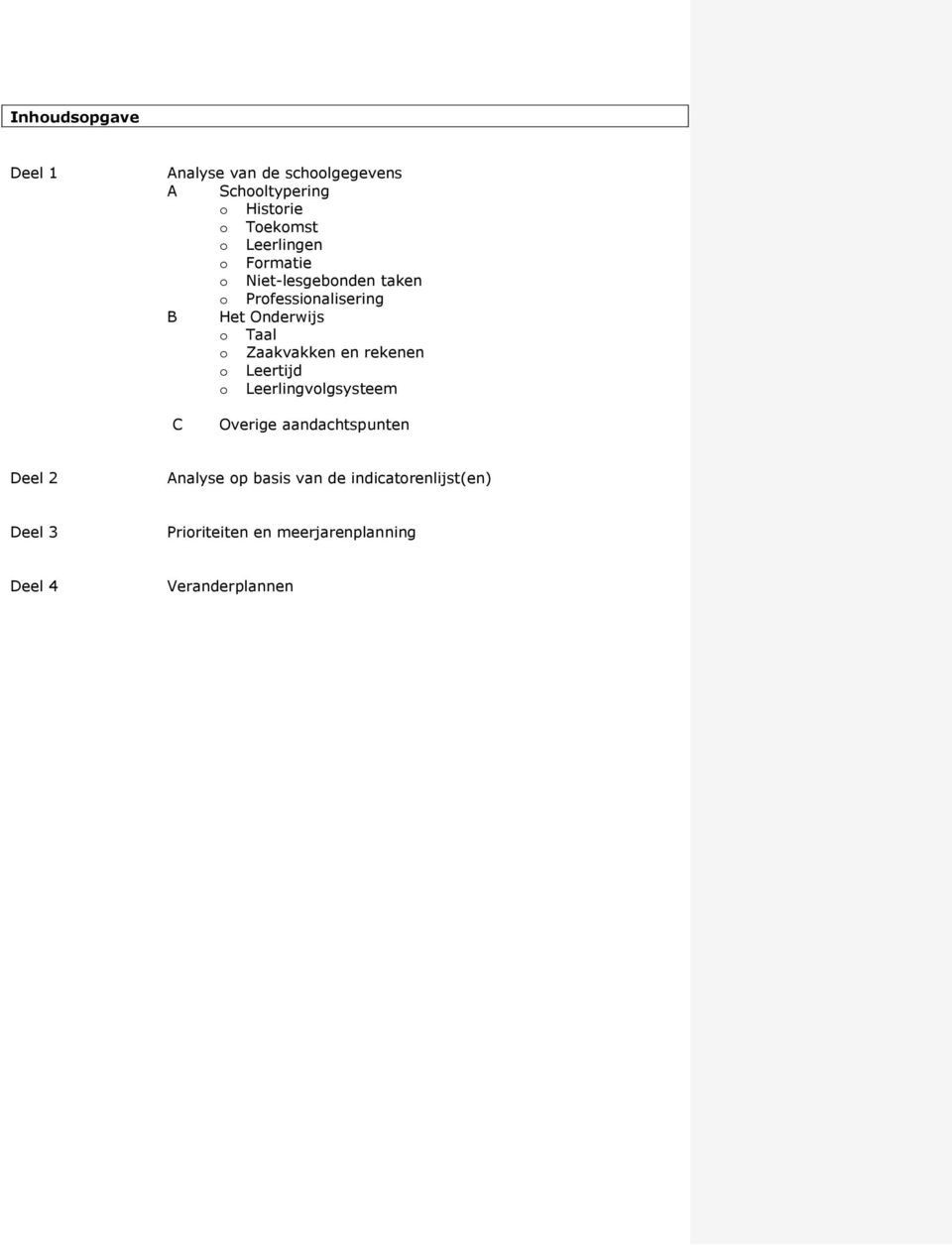 Zaakvakken en rekenen o Leertijd o Leerlingvolgsysteem C Overige aandachtspunten Deel 2 Analyse