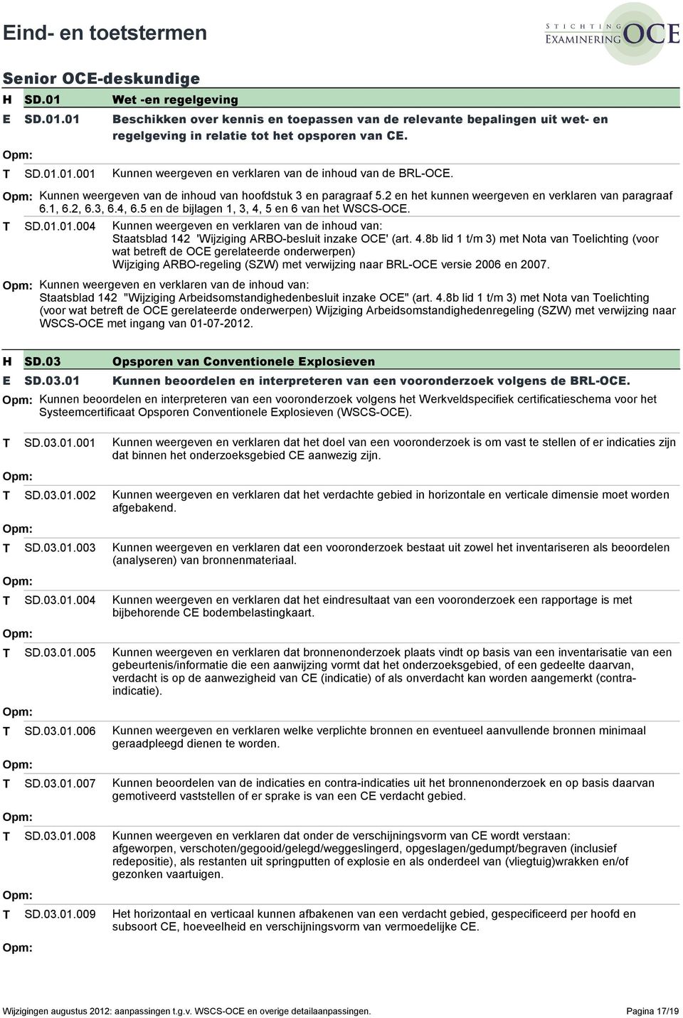 5 en de bijlagen 1, 3, 4, 5 en 6 van het WSCS-OC. SD.01.01.004 Kunnen weergeven en verklaren van de inhoud van: Staatsblad 142 'Wijziging ARBO-besluit inzake OC' (art. 4.8b lid 1 t/m 3) met Nota van oelichting (voor wat betreft de OC gerelateerde onderwerpen) Wijziging ARBO-regeling (SZW) met verwijzing naar BRL-OC versie 2006 en 2007.