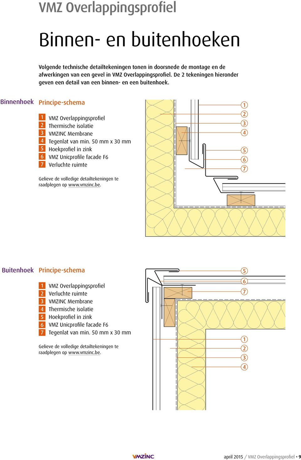 0 mm x 0 mm Hoekprofiel in zink VMZ Unicprofile facade F Verluchte ruimte Gelieve de volledige detailtekeningen te raadplegen op www.vmzinc.be.