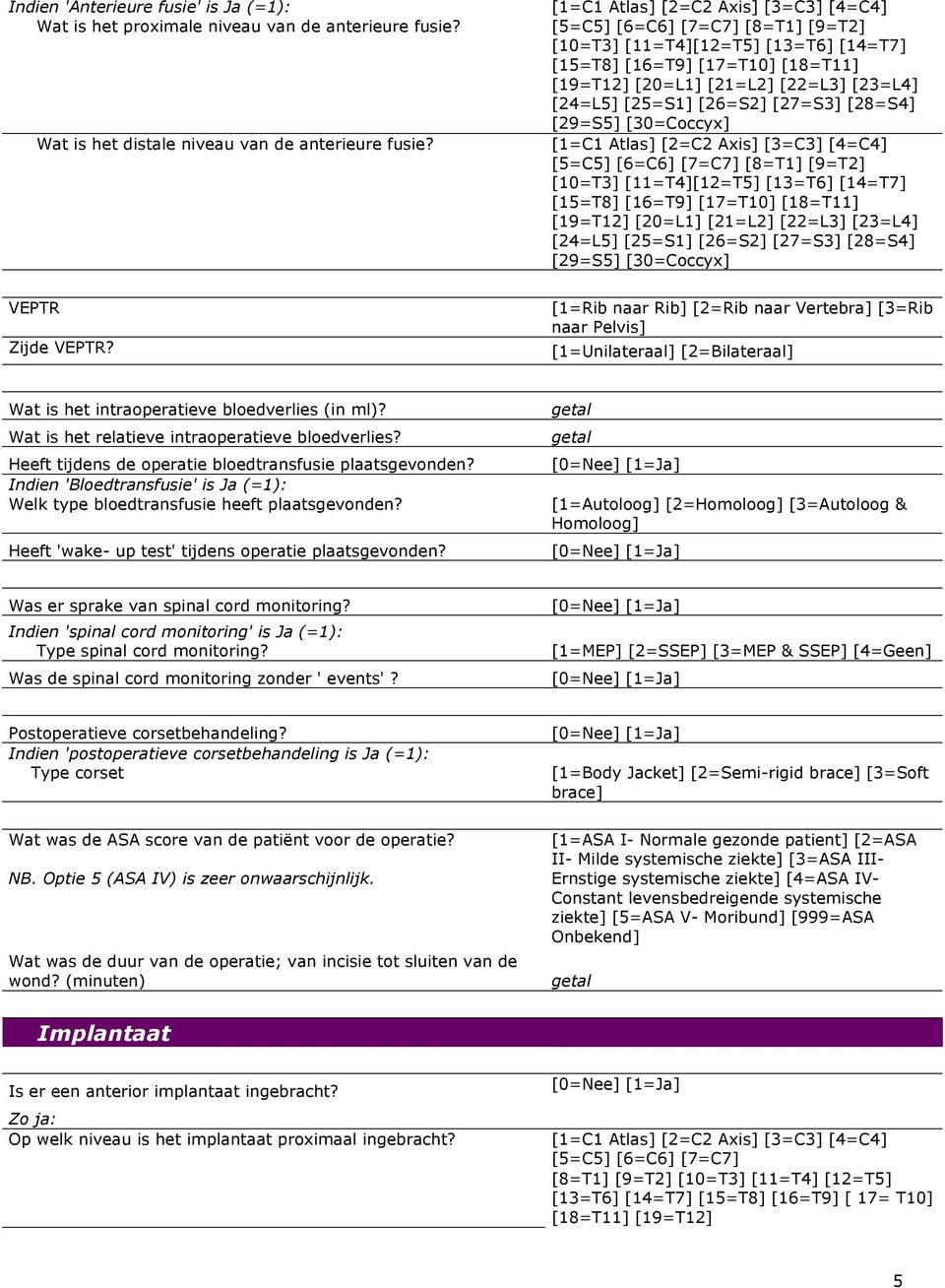 [30=Coccyx]  [30=Coccyx] VEPTR Zijde VEPTR? [1=Rib naar Rib] [2=Rib naar Vertebra] [3=Rib naar Pelvis] [1=Unilateraal] [2=Bilateraal] Wat is het intraoperatieve bloedverlies (in ml)?