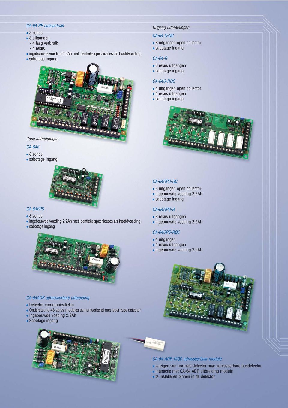uitbreidingen CA-64E 8 zones CA-64OPS-OC 8 uitgangen open collector ingebouwde voeding 2.2Ah CA-64EPS 8 zones ingebouwde voeding 2.