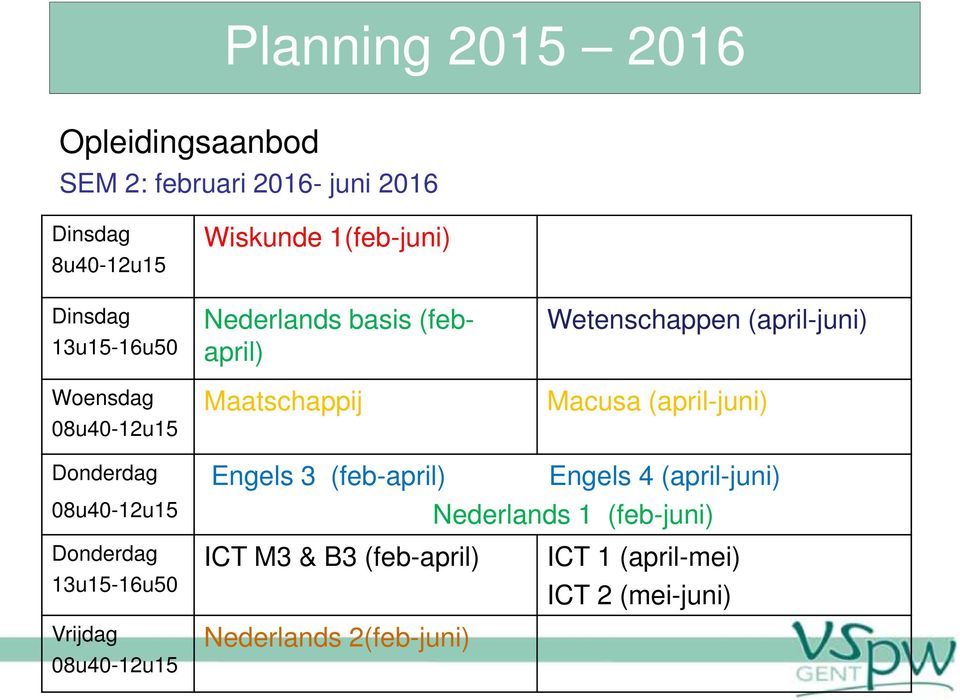 Macusa (april-juni) Donderdag 08u40-12u15 Donderdag 13u15-16u50 Vrijdag 08u40-12u15 Engels 3 (feb-april) Engels