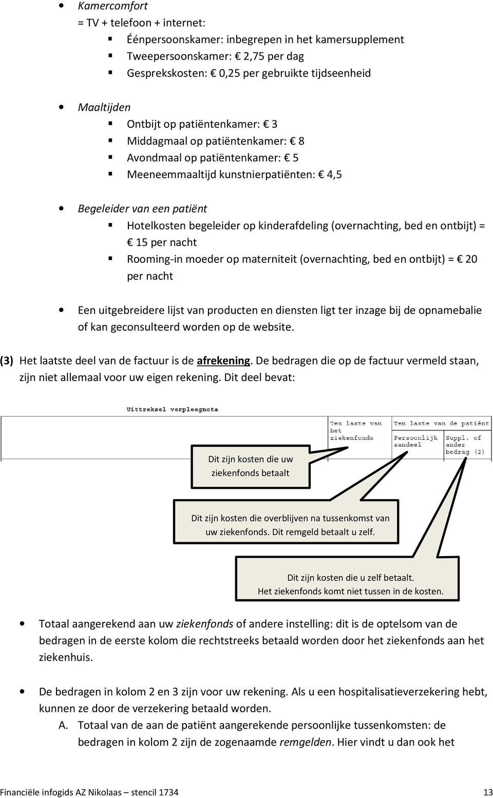 (overnachting, bed en ontbijt) = 15 per nacht Rooming-in moeder op materniteit (overnachting, bed en ontbijt) = 20 per nacht Een uitgebreidere lijst van producten en diensten ligt ter inzage bij de