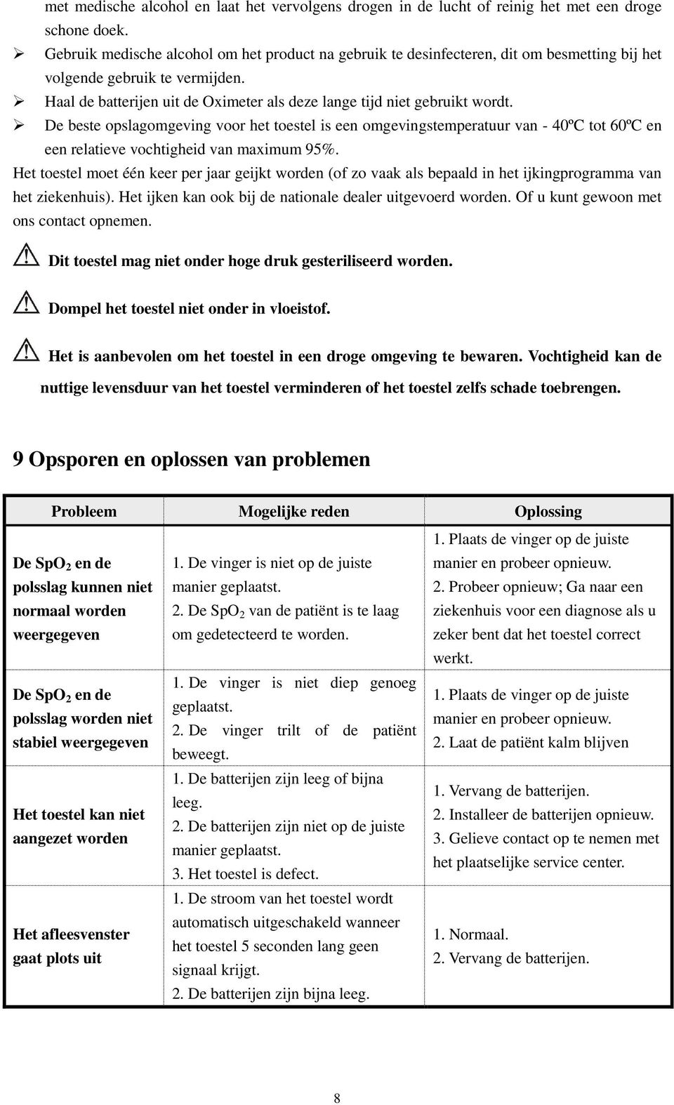 Haal de batterijen uit de Oximeter als deze lange tijd niet gebruikt wordt.