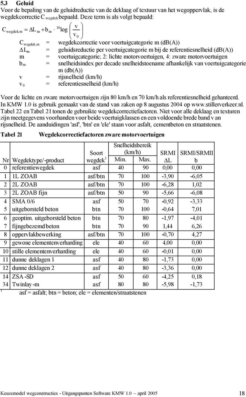 referentiesnelheid (db(a)) m = voertuigcategorie; 2: lichte motorvoertuigen, 4: zware motorvoertuigen b m = snelheidsindex per decade snelheidstoename afhankelijk van voertuigcategorie m (db(a)) v =