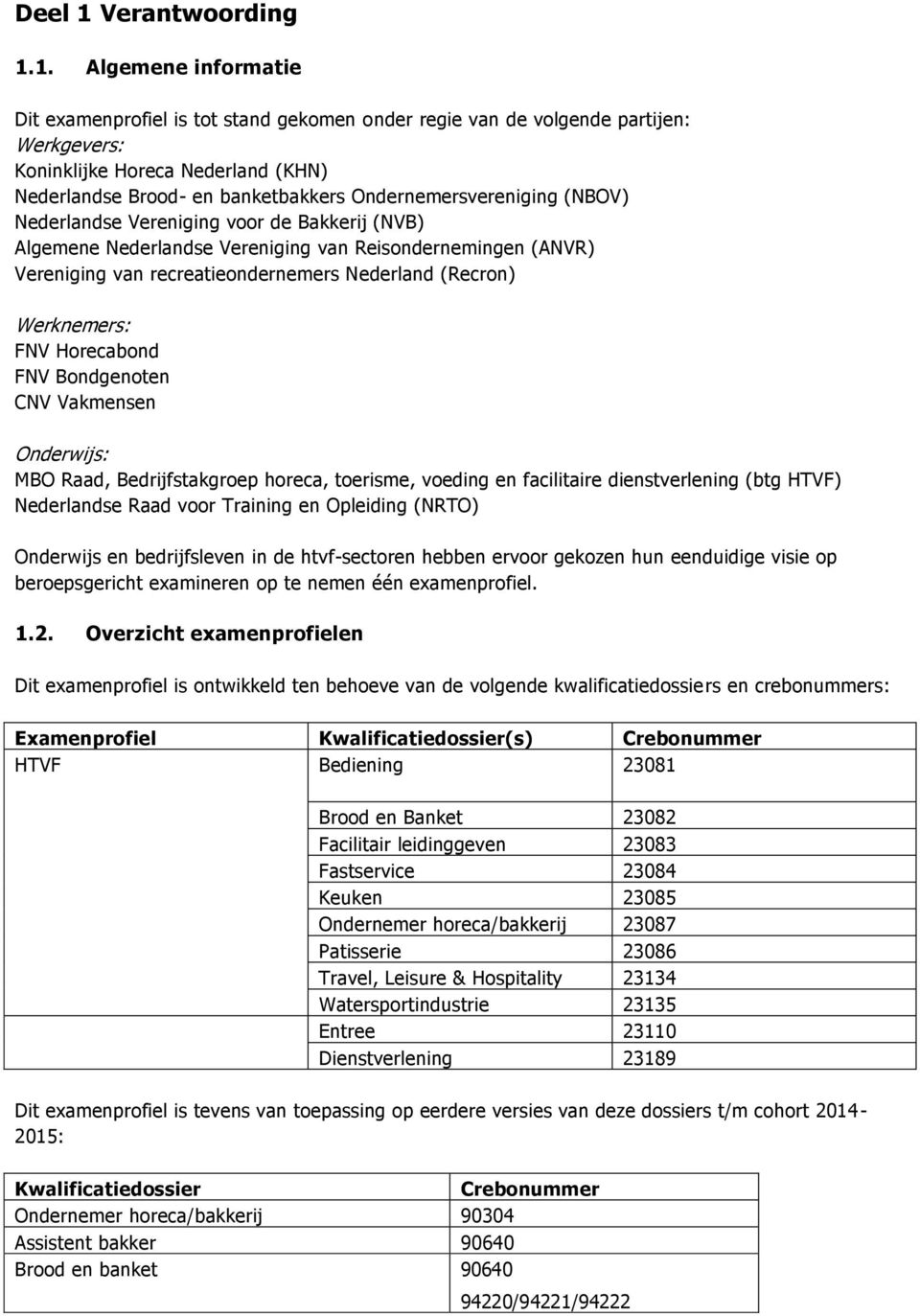 1. Algemene informatie Dit examenprofiel is tot stand gekomen onder regie van de volgende partijen: Werkgevers: Koninklijke Horeca Nederland (KHN) Nederlandse Brood- en banketbakkers