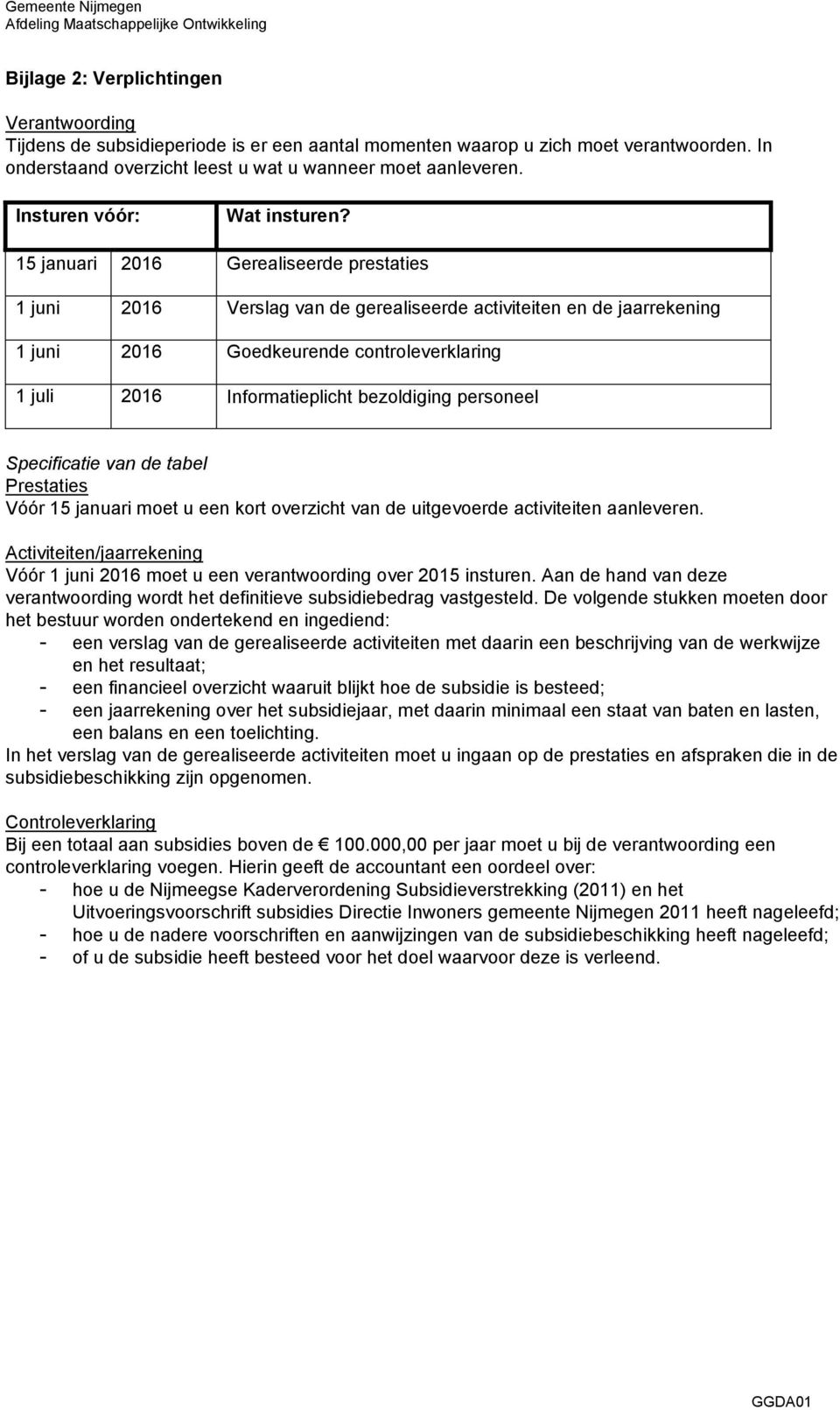 15 januari 2016 Gerealiseerde prestaties 1 juni 2016 Verslag van de gerealiseerde activiteiten en de jaarrekening 1 juni 2016 Goedkeurende controleverklaring 1 juli 2016 Informatieplicht bezoldiging