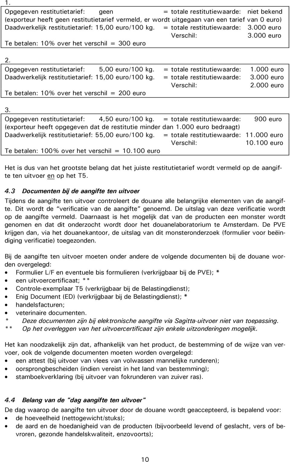 = totale restitutiewaarde: 1.000 euro Daadwerkelijk restitutietarief: 15,00 euro/100 kg. = totale restitutiewaarde: 3.000 euro Verschil: 2.000 euro Te betalen: 10% over het verschil = 200 euro 3.