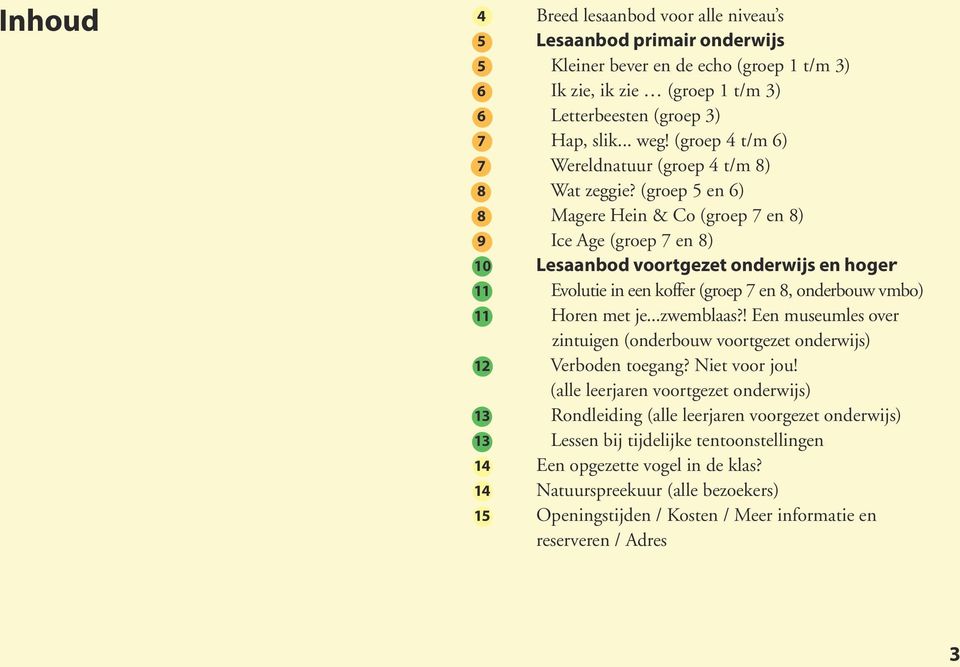 (groep 5 en 6) 8 Magere Hein & Co (groep 7 en 8) 9 Ice Age (groep 7 en 8) 10 Lesaanbod voortgezet onderwijs en hoger 11 Evolutie in een koffer (groep 7 en 8, onderbouw vmbo) 11 Horen met je...zwemblaas?