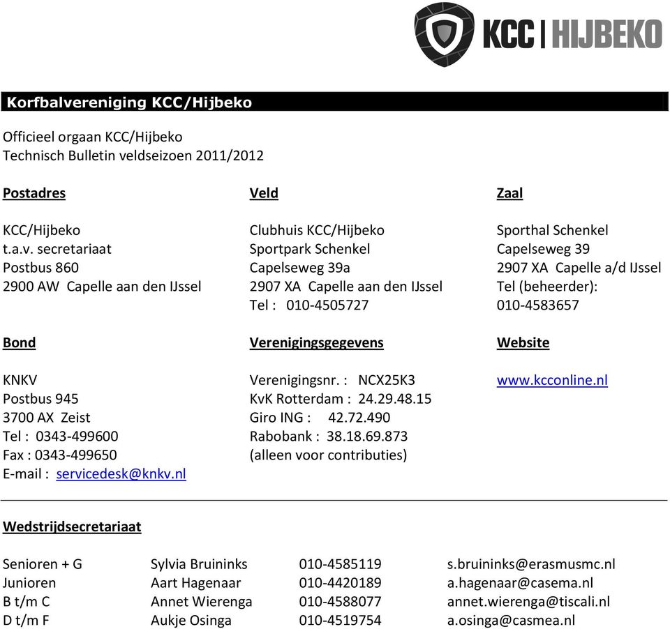 ldseizoen 2011/2012 Postadres Veld Zaal KCC/Hijbeko Clubhuis KCC/Hijbeko Sporthal Schenkel t.a.v.