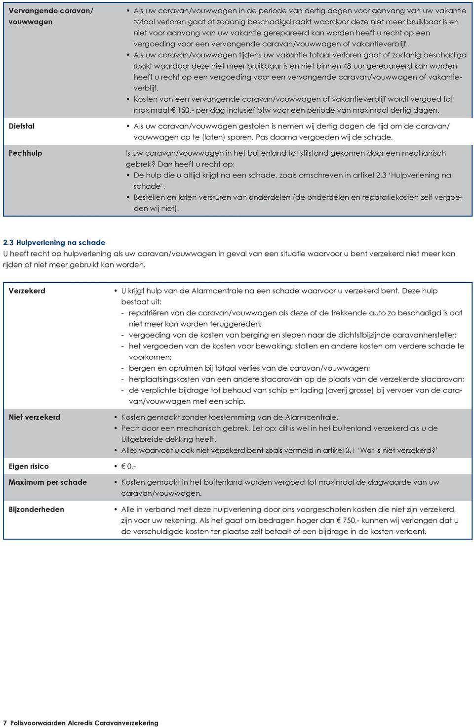 Als uw caravan/vouwwagen tijdens uw vakantie totaal verloren gaat of zodanig beschadigd raakt waardoor deze niet meer bruikbaar is en niet binnen 48 uur gerepareerd kan worden heeft u recht op een