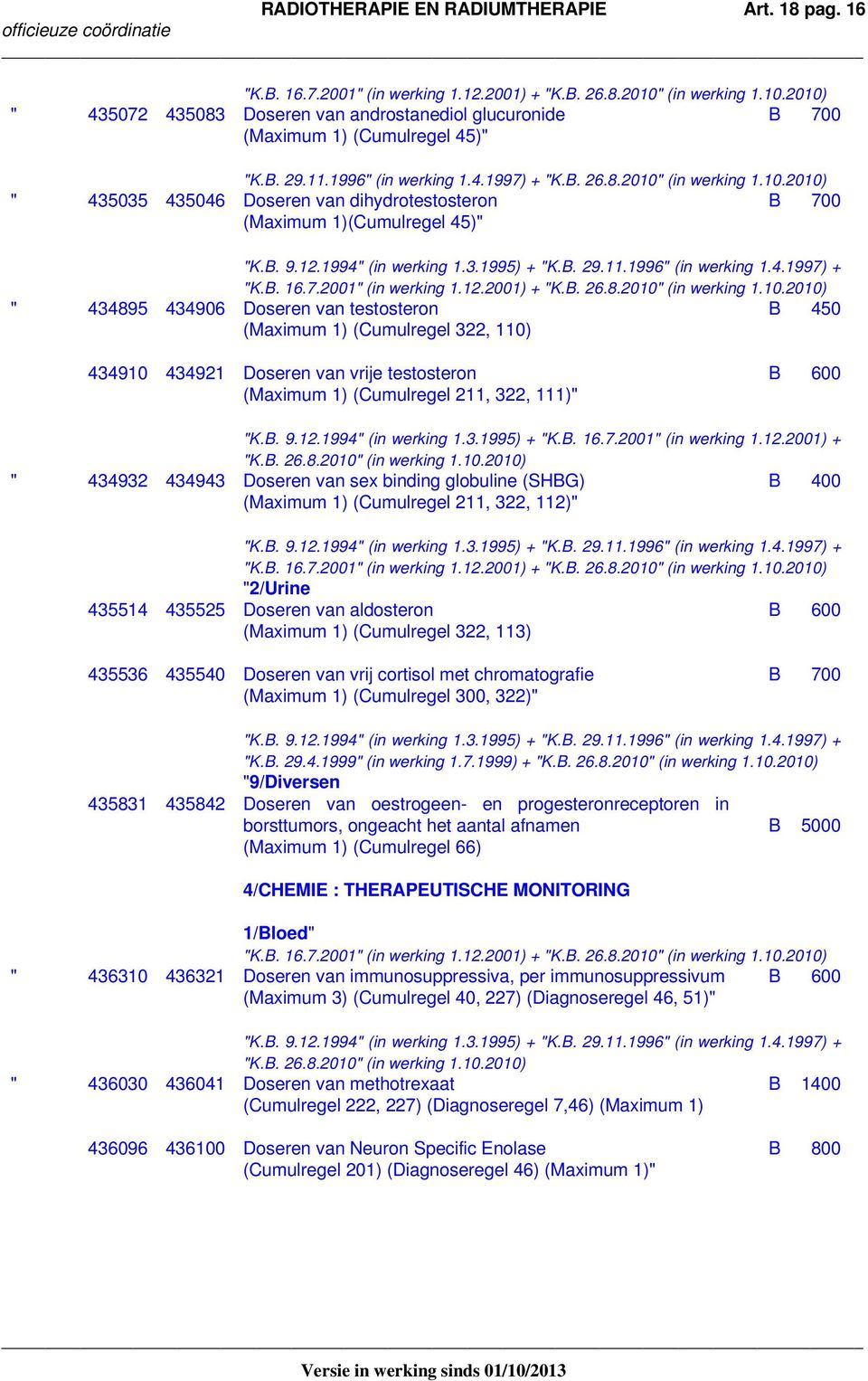 2001) + " 434895 434906 Doseren van testosteron B 450 (Maximum 1) (Cumulregel 322, 110) 434910 434921 Doseren van vrije testosteron B 600 (Maximum 1) (Cumulregel 211, 322, 111)" "K.B. 9.12.