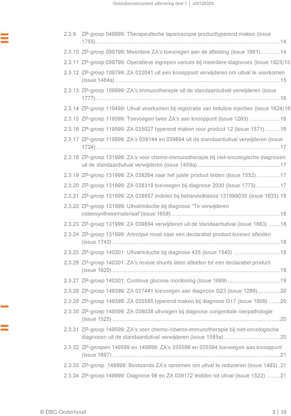 .. 16 2.3.14 ZP-groep 119499: Uitval voorkomen bij registratie van botuline injecties (issue 1624)16 2.3.15 ZP-groep 119599: Toevoegen twee ZA s aan knooppunt (issue 1263)... 16 2.3.16 ZP-groep 119599: ZA 035027 typerend maken voor product 12 (issue 1571).