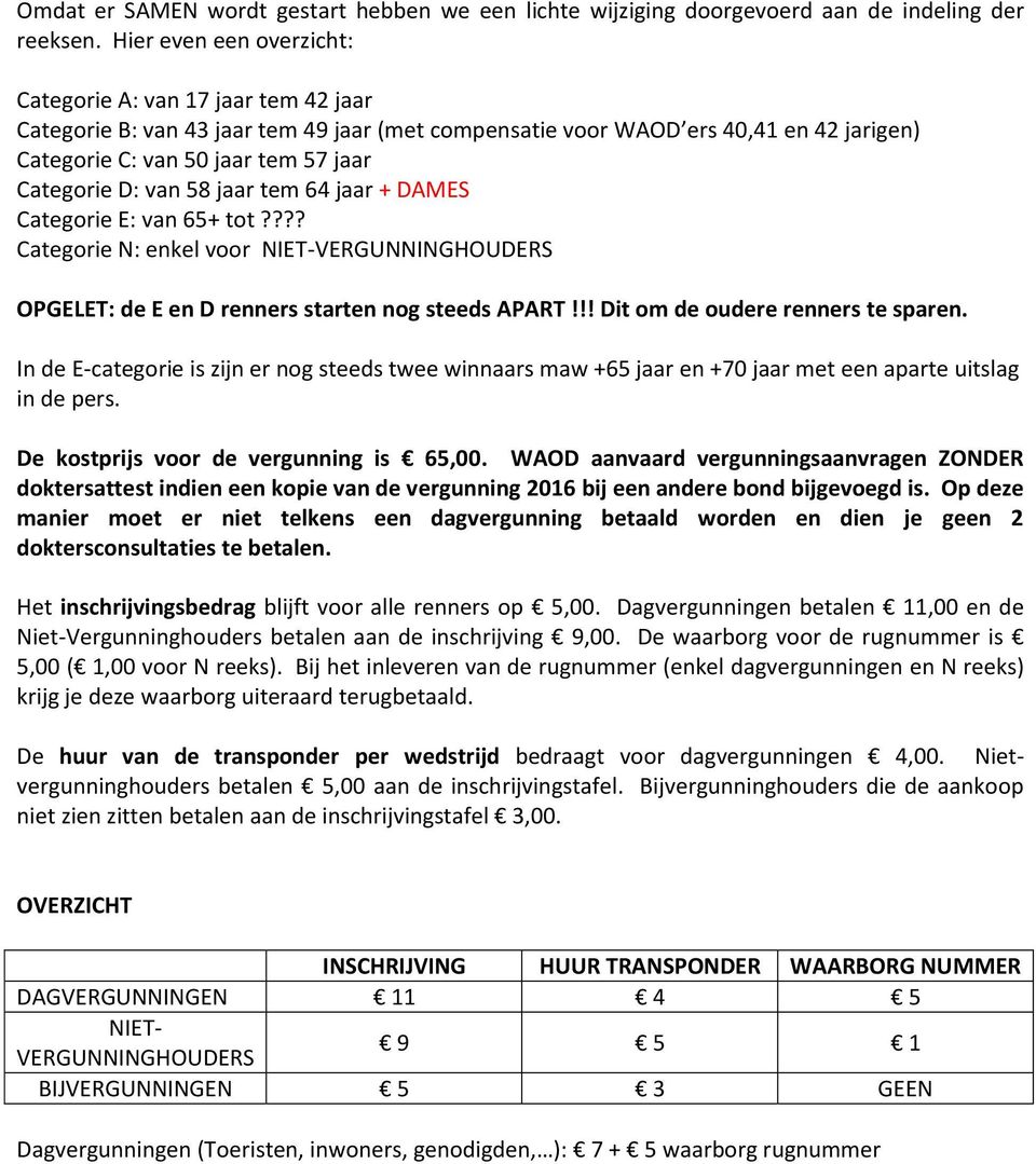 D: van 58 jaar tem 64 jaar + DAMES Categorie E: van 65+ tot???? Categorie N: enkel voor NIET-VERGUNNINGHOUDERS OPGELET: de E en D renners starten nog steeds APART!!! Dit om de oudere renners te sparen.