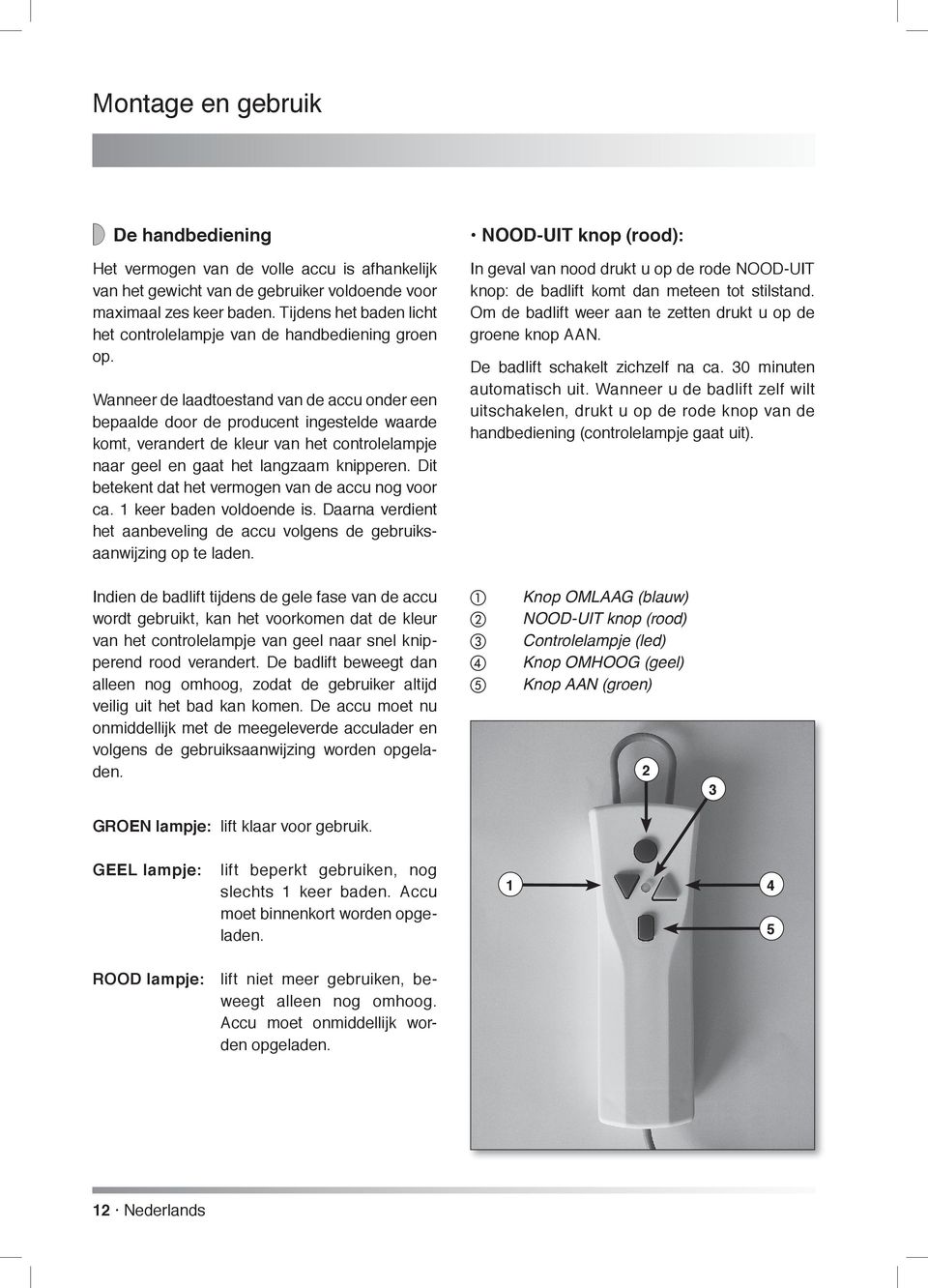 Wanneer de laadtoestand van de accu onder een bepaalde door de producent ingestelde waarde komt, verandert de kleur van het controlelampje naar geel en gaat het langzaam knipperen.