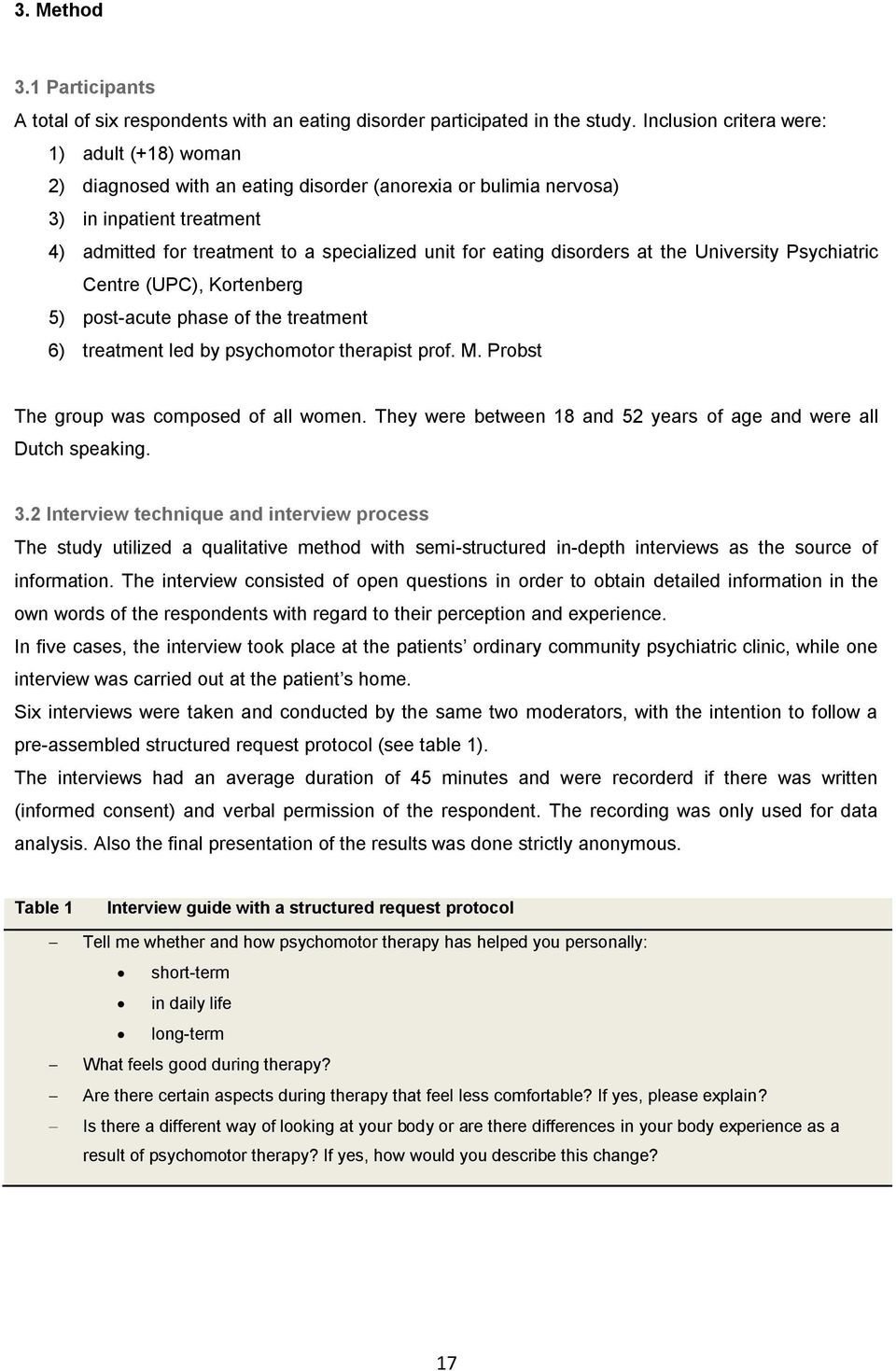 disorders at the University Psychiatric Centre (UPC), Kortenberg 5) post-acute phase of the treatment 6) treatment led by psychomotor therapist prof. M. Probst The group was composed of all women.