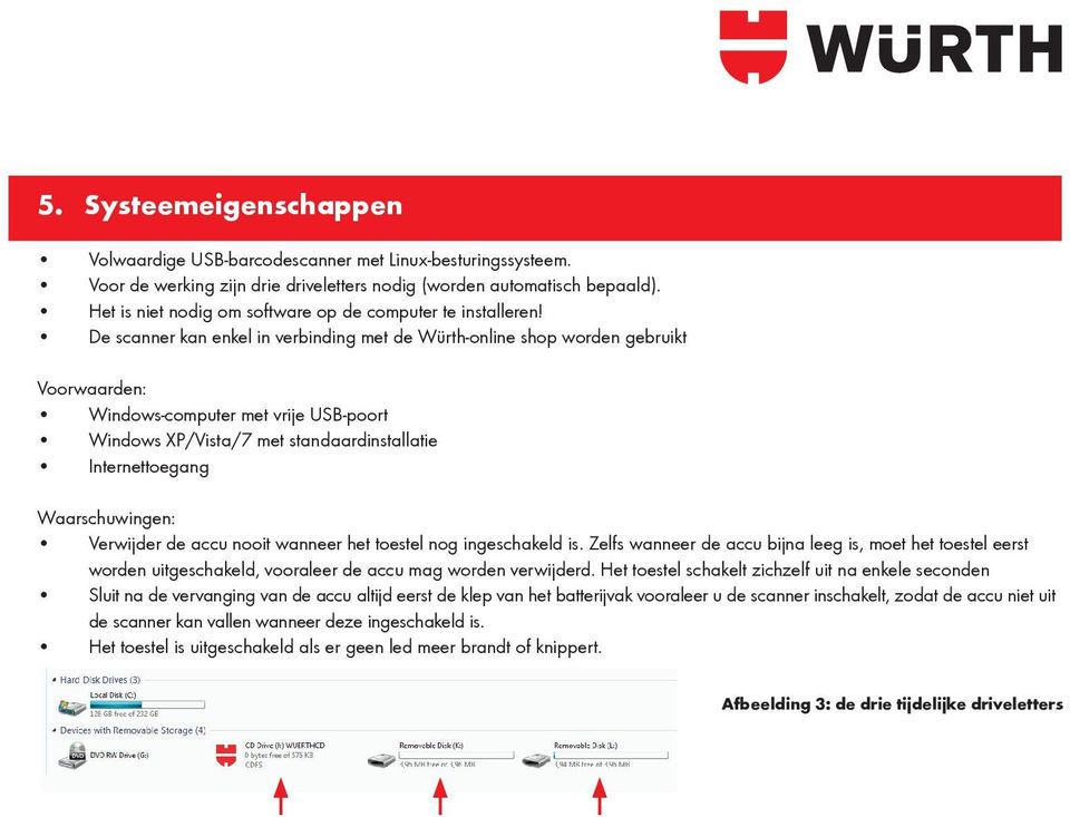 De scanner kan enkel in verbinding met de Würth-online shop worden gebruikt Voorwaarden: Windows-computer met vrije USB-poort Windows XP/Vista/7 met standaardinstallatie Internettoegang