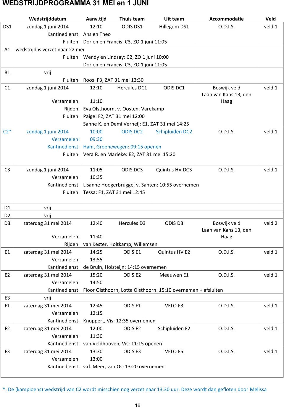 mei 13:30 C1 zondag 1 juni 2014 12:10 Hercules DC1 ODIS DC1 Boswijk veld veld 1 Verzamelen: 11:10 Laan van Kans 13, den Haag Rijden: Eva Olsthoorn, v.