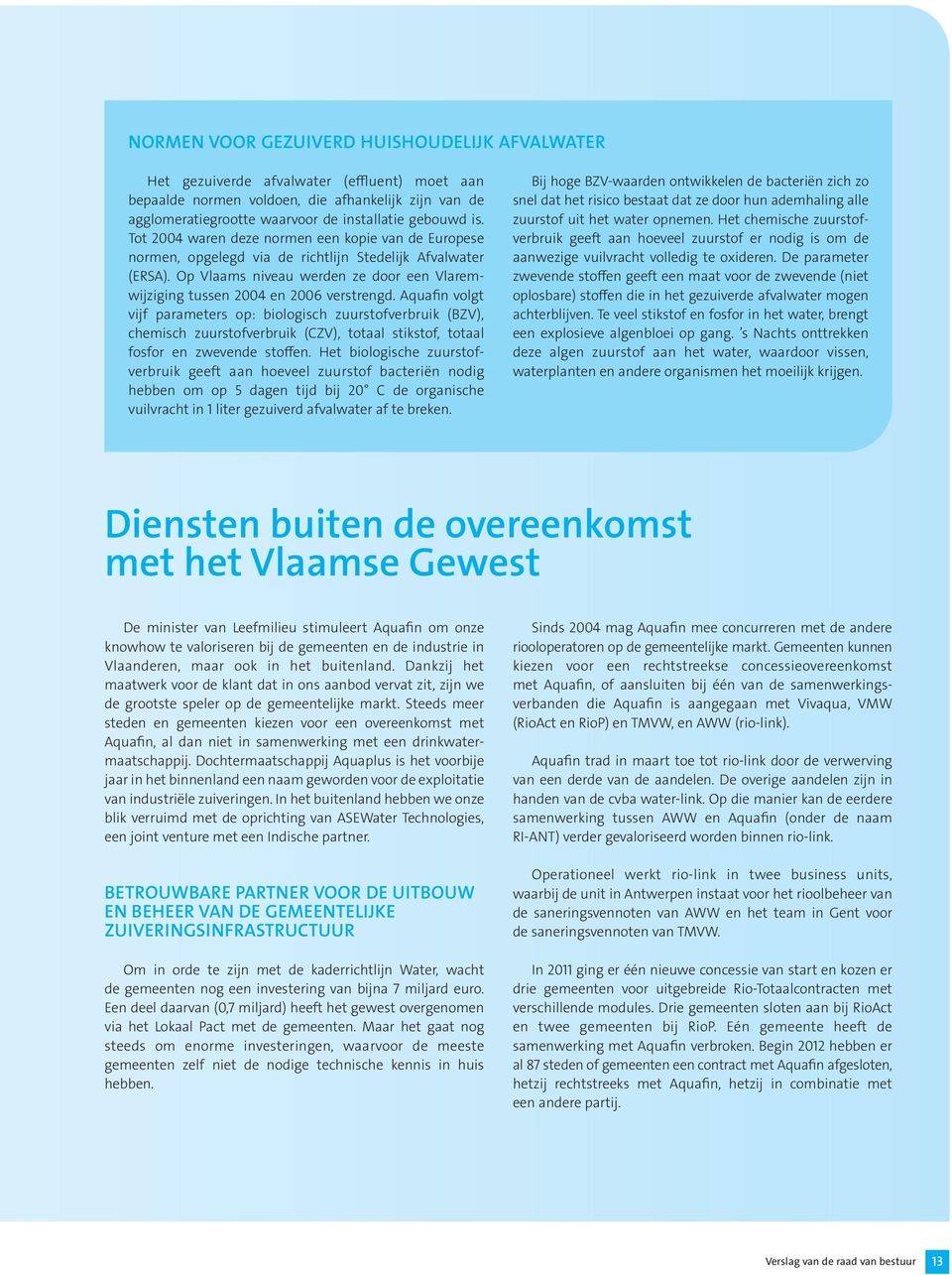 Aquafi volgt vijf parameters op: biologisch zuurstofverbruik (BZV), chemisch zuurstofverbruik (CZV), totaal stikstof, totaal fosfor e zwevede stoffe.