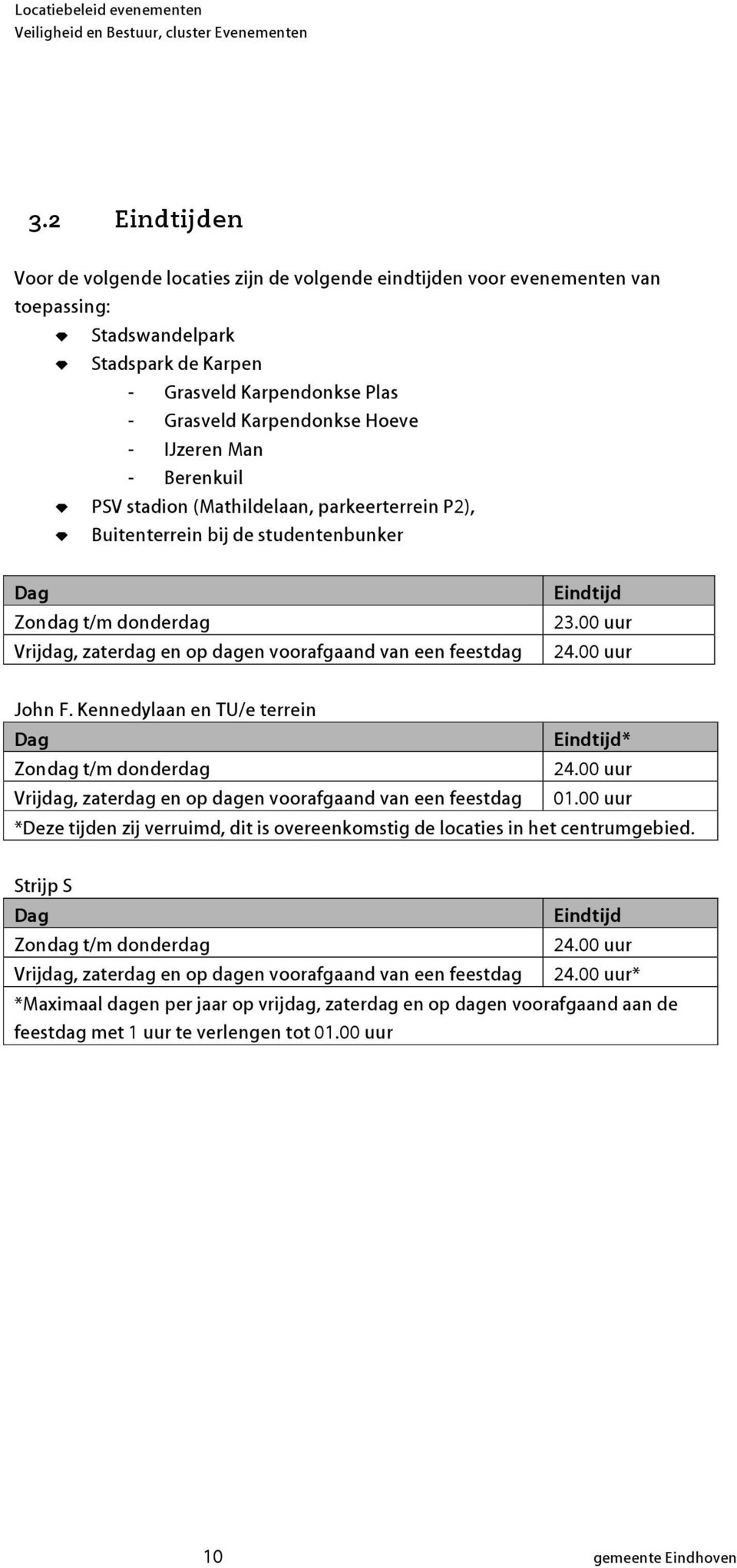 feestdag Eindtijd 23.00 uur 24.00 uur John F. Kennedylaan en TU/e terrein Dag Eindtijd* Zondag t/m donderdag 24.00 uur Vrijdag, zaterdag en op dagen voorafgaand van een feestdag 01.