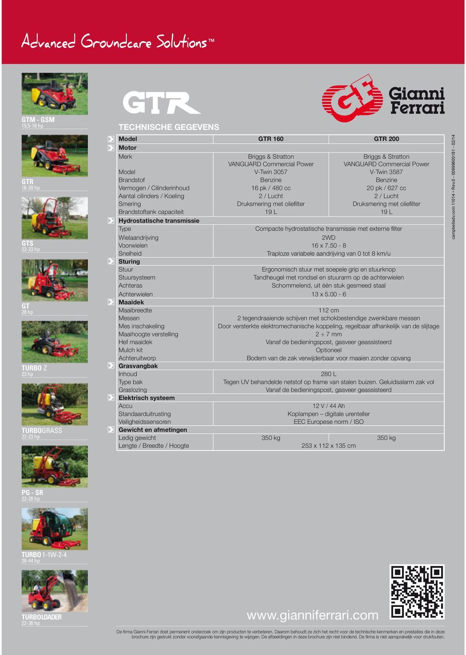 Hydrostatische transmissie Type Compacte hydrostatische transmissie met externe fi lter Wielaandrijving 2WD Voorwielen 16 x 7.