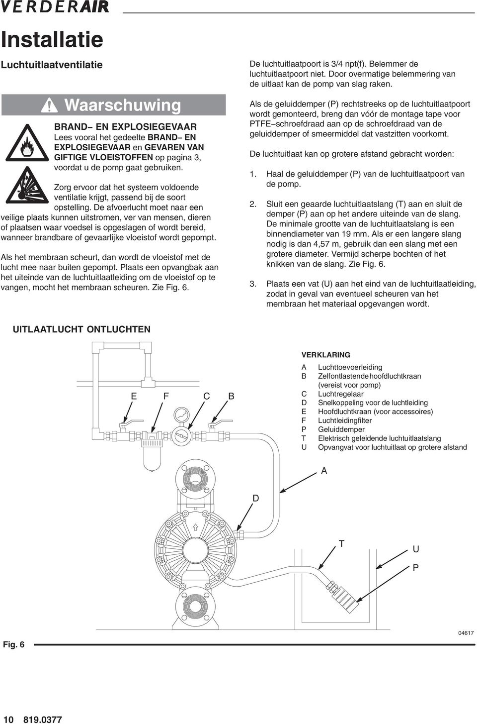 De afvoerlucht moet naar een veilige plaats kunnen uitstromen, ver van mensen, dieren of plaatsen waar voedsel is opgeslagen of wordt bereid, wanneer brandbare of gevaarlijke vloeistof wordt gepompt.