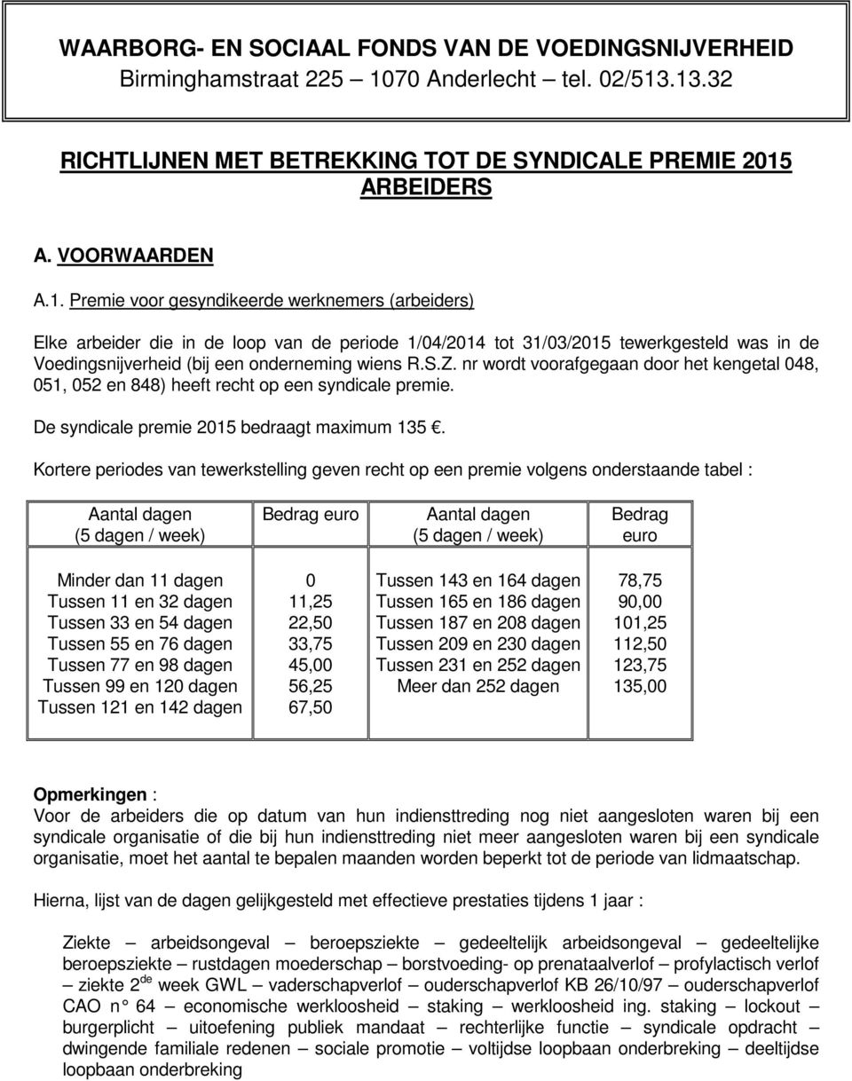 .13.32 RICHTLIJNEN MET BETREKKING TOT DE SYNDICALE PREMIE 215 ARBEIDERS A. VOORWAARDEN A.1. Premie voor gesyndikeerde werknemers (arbeiders) Elke arbeider die in de loop van de periode 1/4/214 tot 31/3/215 tewerkgesteld was in de Voedingsnijverheid (bij een onderneming wiens R.