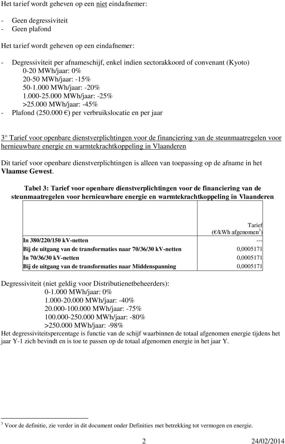 000 ) per verbruikslocatie en per jaar 3 voor openbare dienstverplichtingen voor de financiering van de steunmaatregelen voor hernieuwbare energie en warmtekrachtkoppeling in Vlaanderen Dit tarief