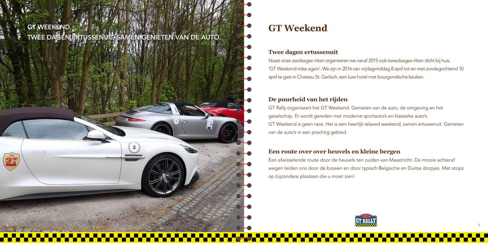 De puurheid van het rijden GT Rally organiseert het GT Weekend. Genieten van de auto, de omgeving en het gezelschap. Er wordt gereden met moderne sportauto s en klassieke auto s.