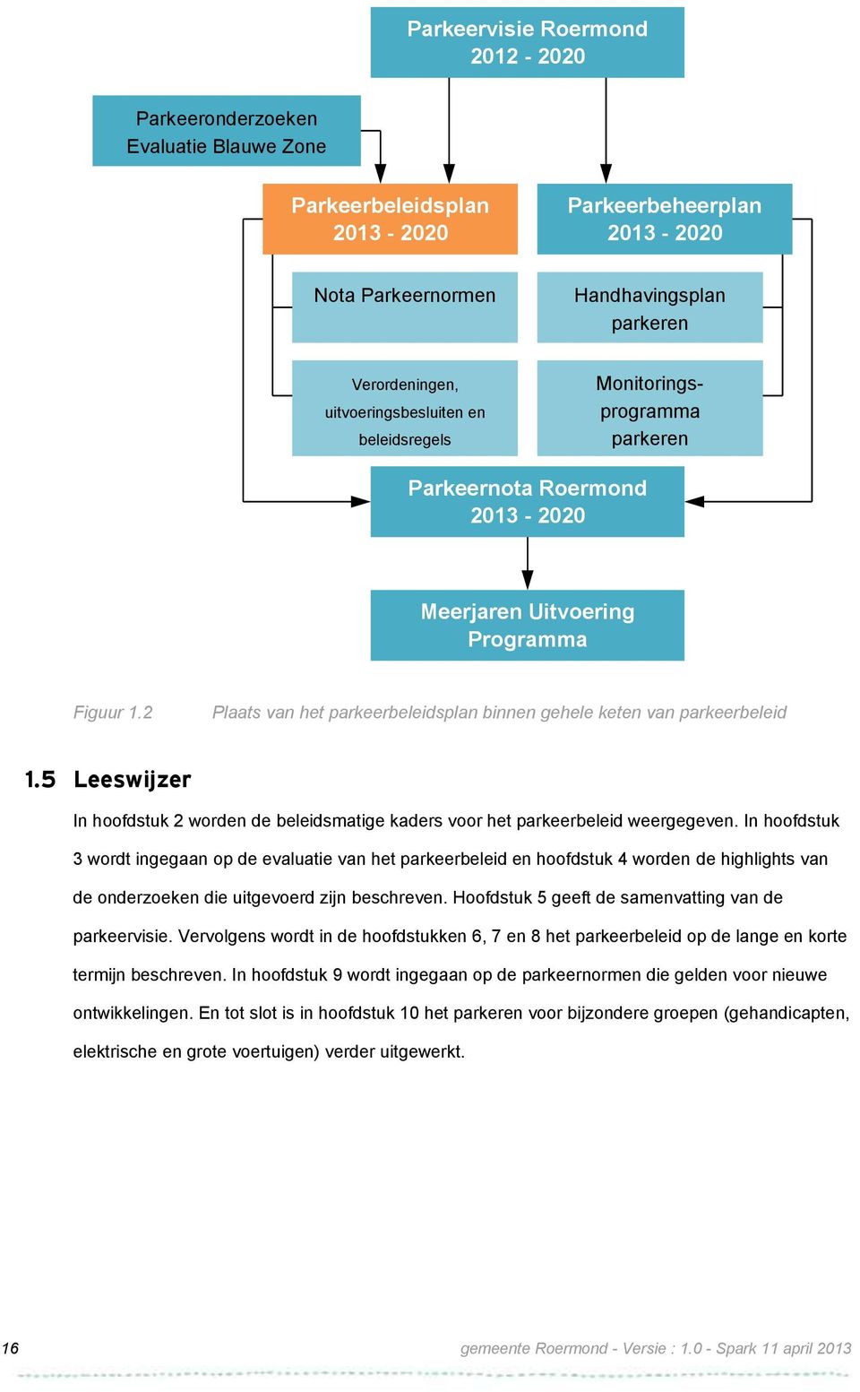 2 Plaats van het parkeerbeleidsplan binnen gehele keten van parkeerbeleid 1.5 Leeswijzer In hoofdstuk 2 worden de beleidsmatige kaders voor het parkeerbeleid weergegeven.