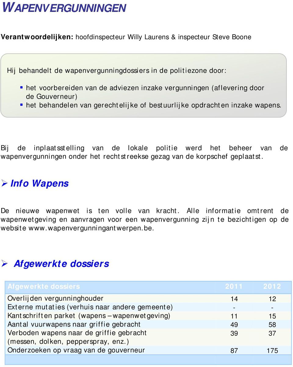 Bij de inplaatsstelling van de lokale politie werd het beheer van de wapenvergunningen onder het rechtstreekse gezag van de korpschef geplaatst. Info Wapens De nieuwe wapenwet is ten volle van kracht.