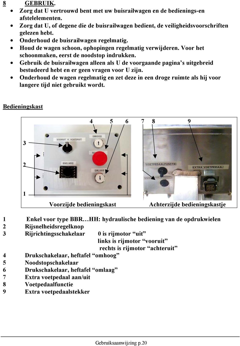 Gebruik de buisrailwagen alleen als U de voorgaande pagina s uitgebreid bestudeerd hebt en er geen vragen voor U zijn.