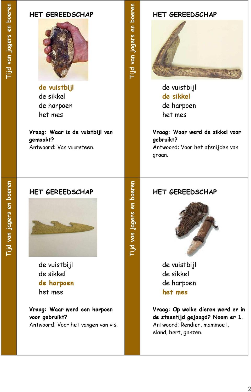 HET GEREEDSCHAP HET GEREEDSCHAP de vuistbijl de sikkel de harpoen het mes de vuistbijl de sikkel de harpoen het mes Vraag: Waar werd een