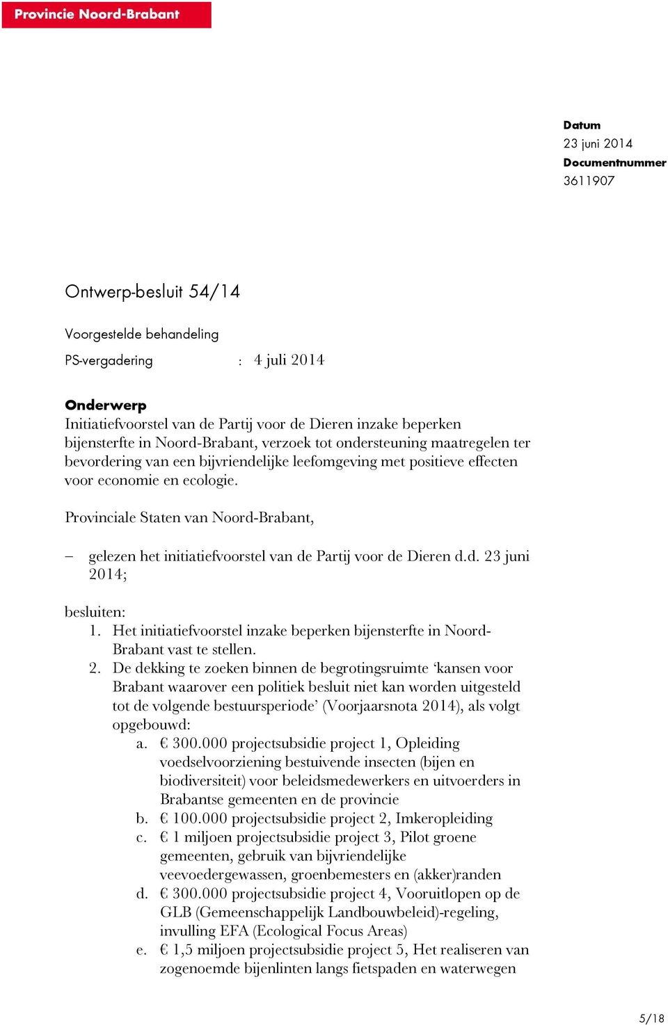Provinciale Staten van Noord-Brabant, gelezen het initiatiefvoorstel van de Partij voor de Dieren d.d. 23 juni 2014; besluiten: 1.