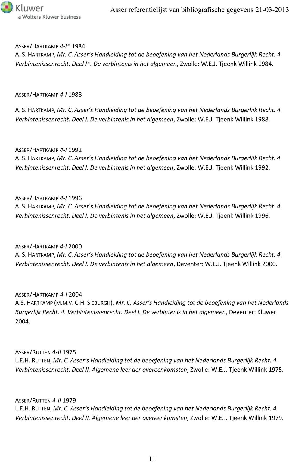 De verbintenis in het algemeen, Zwolle: W.E.J. Tjeenk Willink 1988. ASSER/HARTKAMP 4-I 1992 A. S. HARTKAMP, Mr. C. Asser s Handleiding tot de beoefening van het Nederlands Burgerlijk Recht. 4. Verbintenissenrecht.