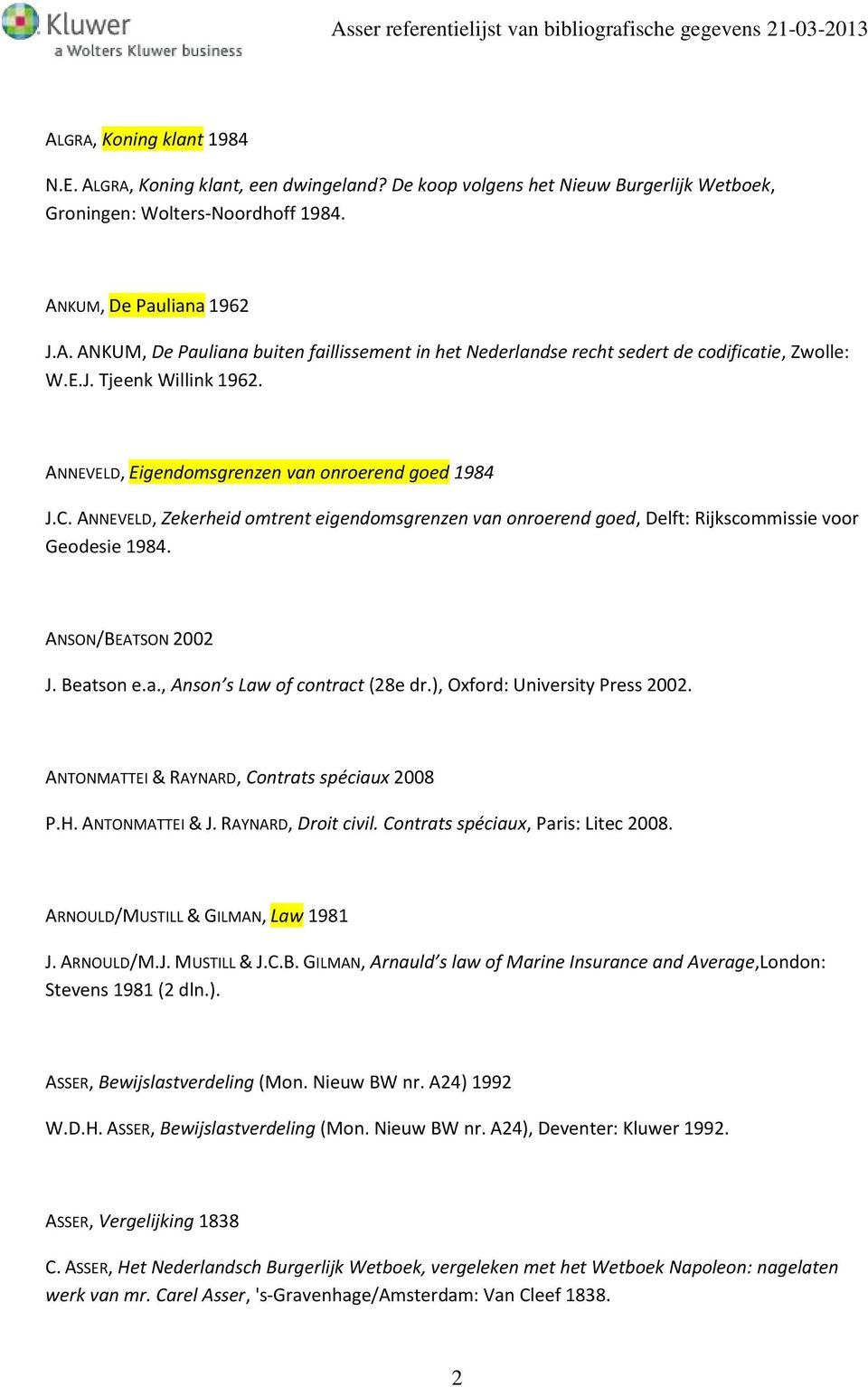 ANSON/BEATSON 2002 J. Beatson e.a., Anson s Law of contract (28e dr.), Oxford: University Press 2002. ANTONMATTEI & RAYNARD, Contrats spéciaux 2008 P.H. ANTONMATTEI & J. RAYNARD, Droit civil.